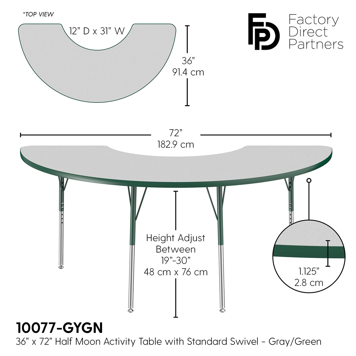 FDP Half Moon Activity School and Office Table (36 x 72 inch), Standard Legs with Swivel Glides for Collaborative Seating Environments, Adjustable Height 19-30 inches - Gray Top and Green Edge
