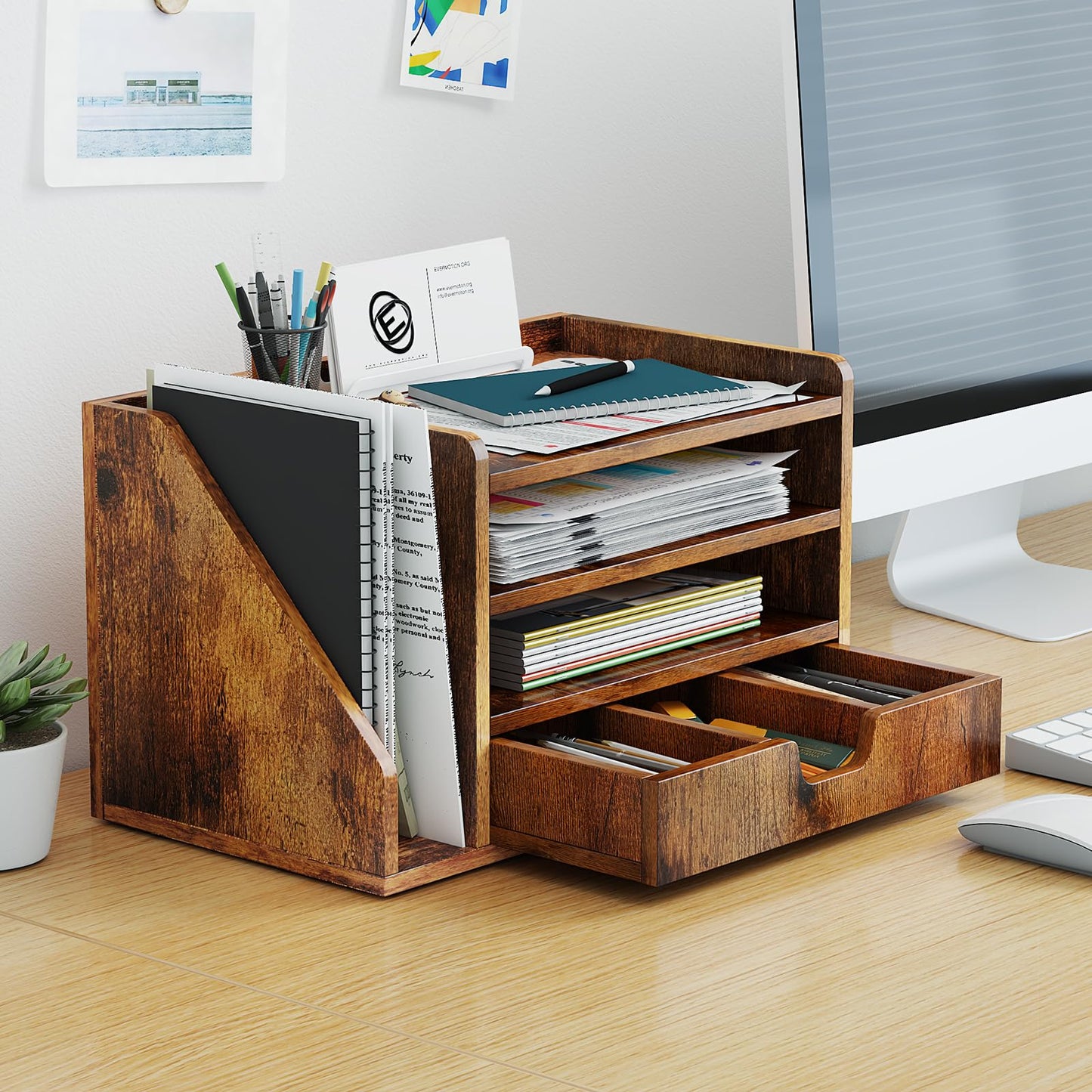 NiOffice Wood Desk File Organizer with Side File Rack, Space-Efficient Design Easy to Assemble for Efficient Office Setup, Reduces Desk Clutter (Brown)