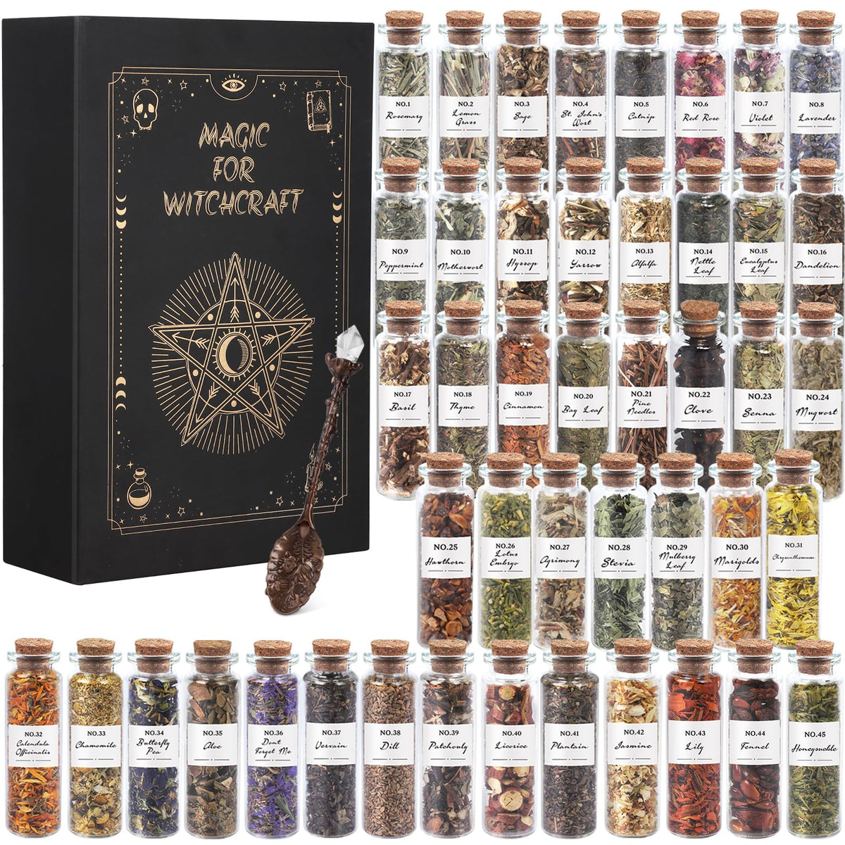 45-Bottle Dried Herbs Kit for Witchcraft, Wicca Altar and Magic Spells