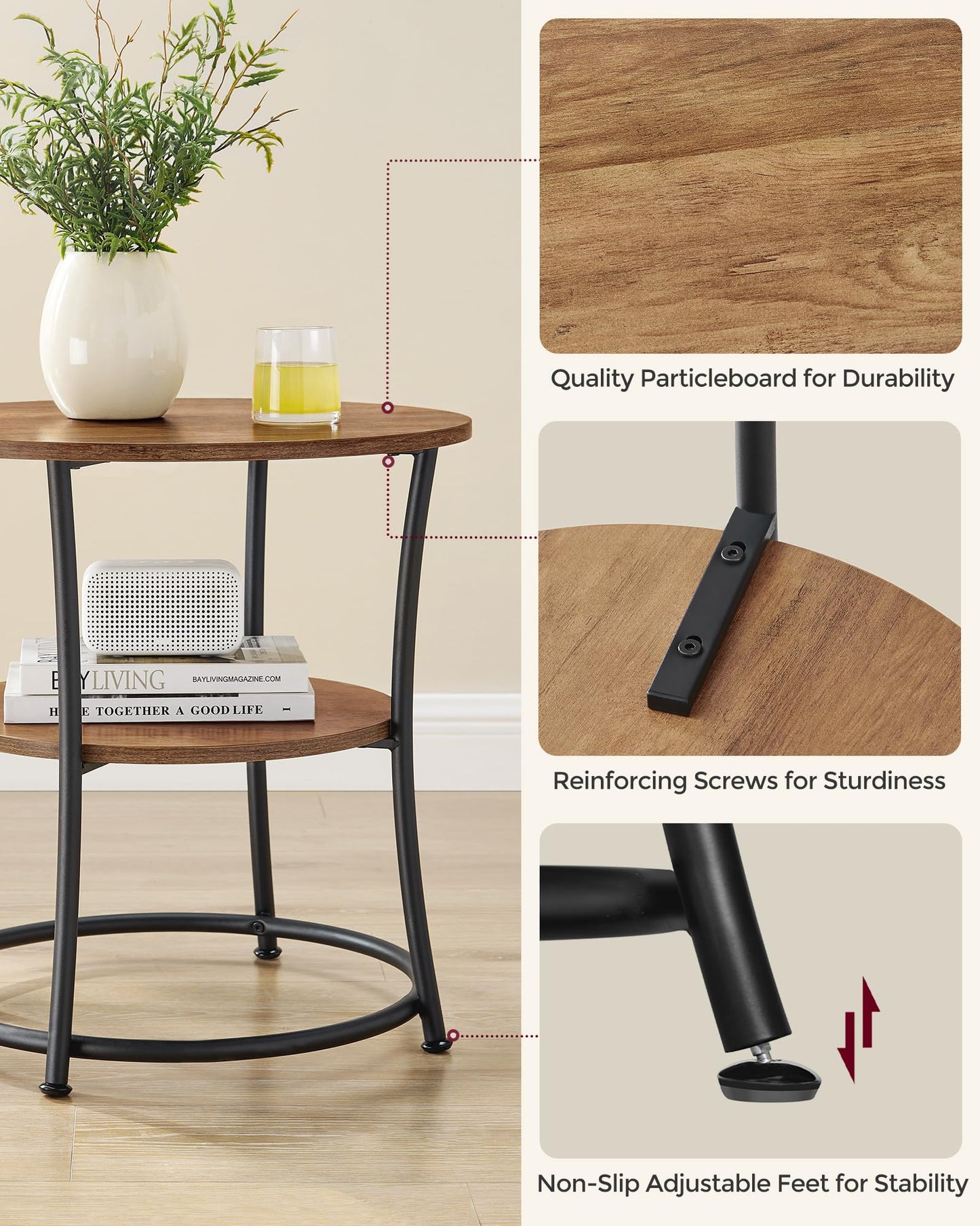 VASAGLE 21.7-Inch Round Side Table, 2-Tier End Table, Nightstand with Steel Frame, Spacious Top, for Small Spaces, Living Room, Bedroom, Honey Brown and Ink Black ULET056B41