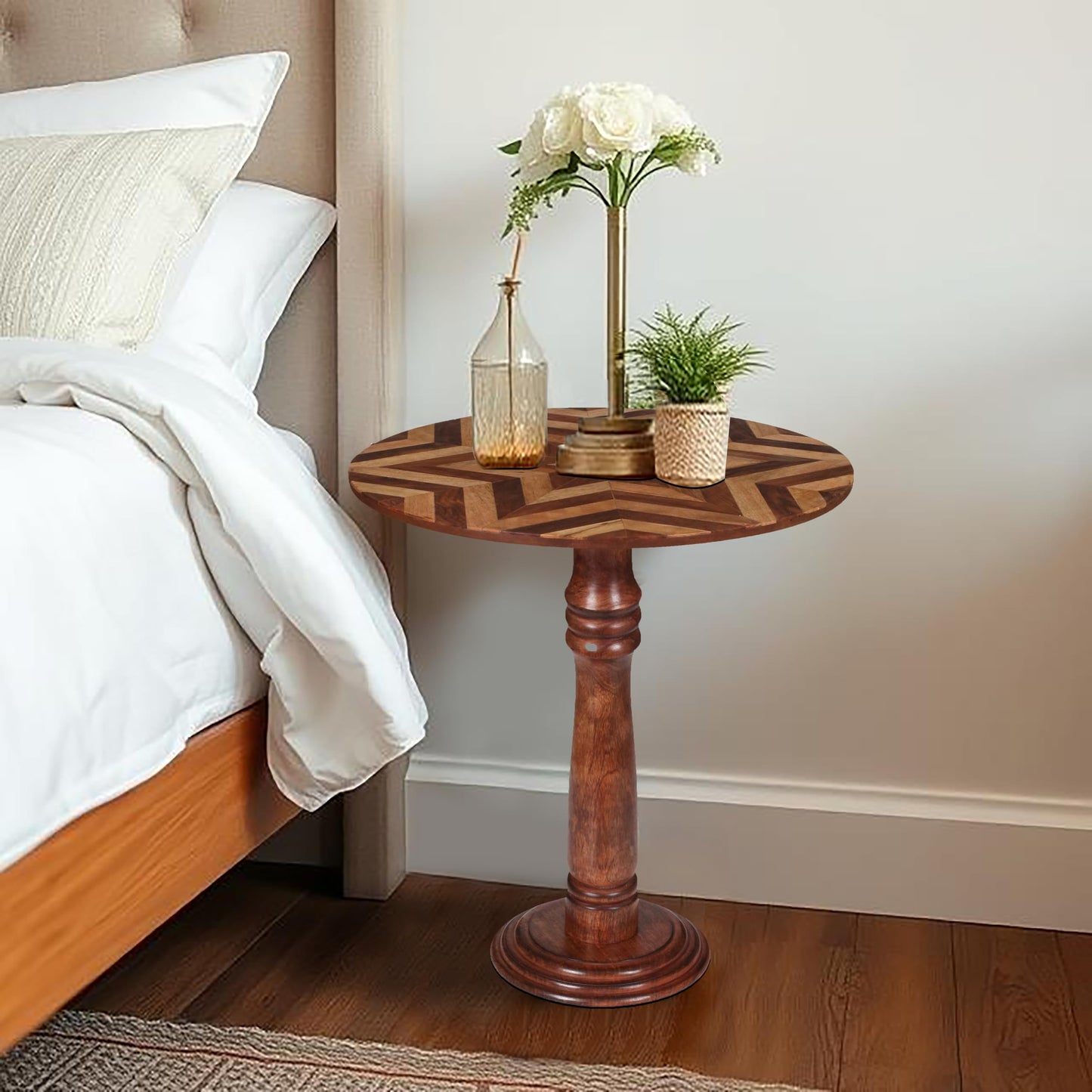 The Wooden Town Handcrafted Round Coffee Table for Living Room – 18x21.5 Inch Wooden End Table, Side Table, Accent Table – Solid Wood Small Table with Pillar Joint Design – Natural Finish