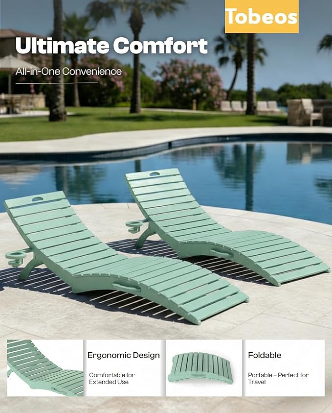 Folding HDPE Pool Lounge Chairs Set of 4, Pre-Assembled Outdoor Chaise Lounge