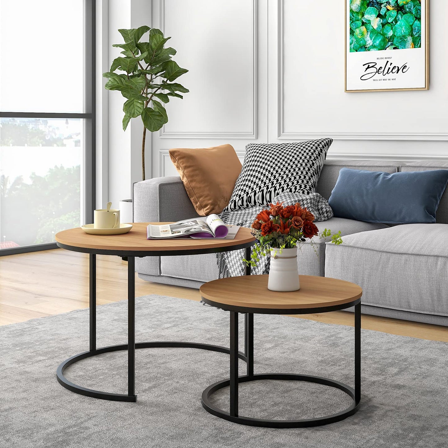 HOJINLINERO Round Coffee Table,Nesting Coffee Table Set of 2,Center Tables for Living Room,Office, Home Small Space,Stacking Side Tables,Sturdy and Easy Assembly,Wood Desktop,Golden+White,Large
