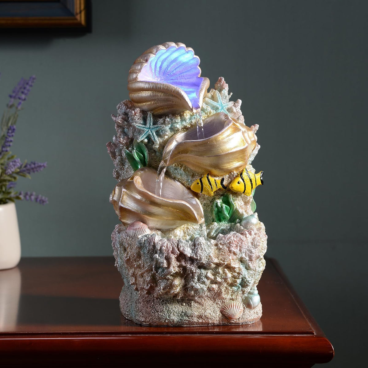GOSSI Themed Coral Shell Fountain Tabletop Home Décor Indoor Desktop Fountains Perfect for Zen Waterfall Meditation Waterfall Decor Fountain with LED Lights(23037)