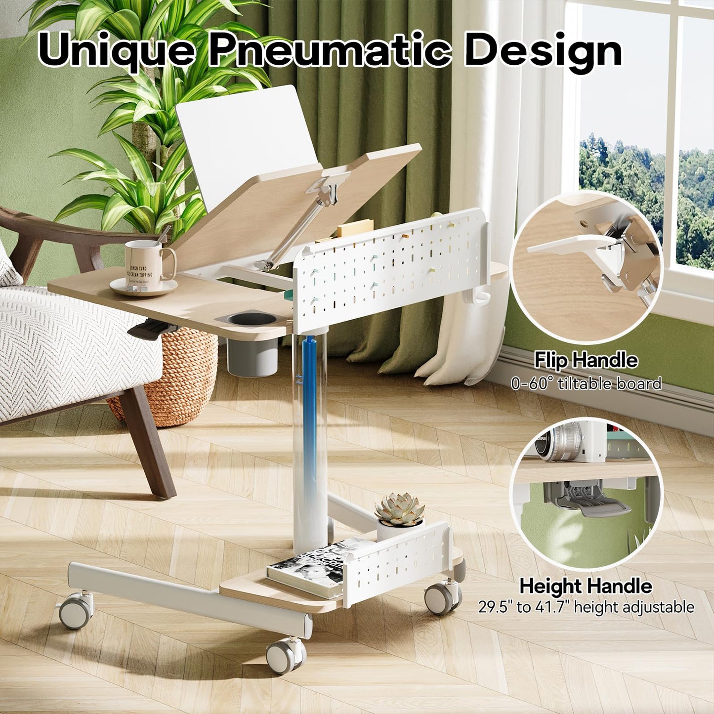 JOY worker Mobile Standing Desk with 60° Tiltable Desktop, 28" Height Adjustable Rolling Desk, DIY Pegboard & Storage Base, Portable Laptop Desk with 4 Lockable Wheels for Home Office, Oak