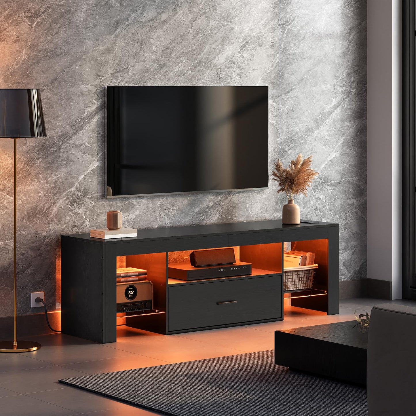 HOOBRO LED TV Stand with Power Outlets to 65 inch TV, Gaming Entertainment Center with Glass Shelves and Large Drawer, Modern Media TV Console Table for Living Room Bedroom, Black BB14UDDS01G1