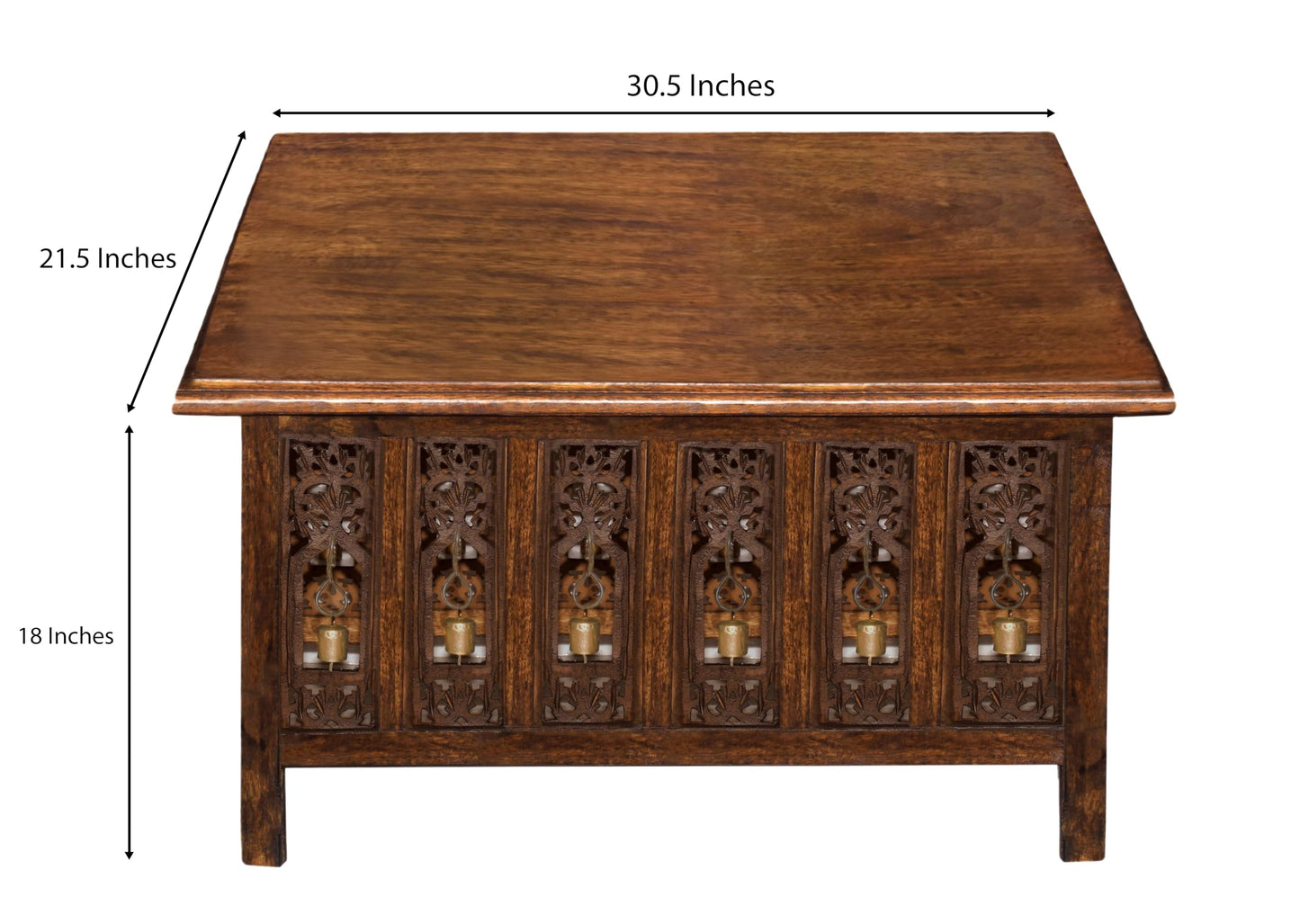 COTTON CRAFT Solid Wood Coffee Table – Ghanti Bells Hand Carved Center Table with Foldable Legs – Decorative Table - Living Room Small Spaces Bedroom - No Tools Assembly -30.5x21.5x18- Antique Brown