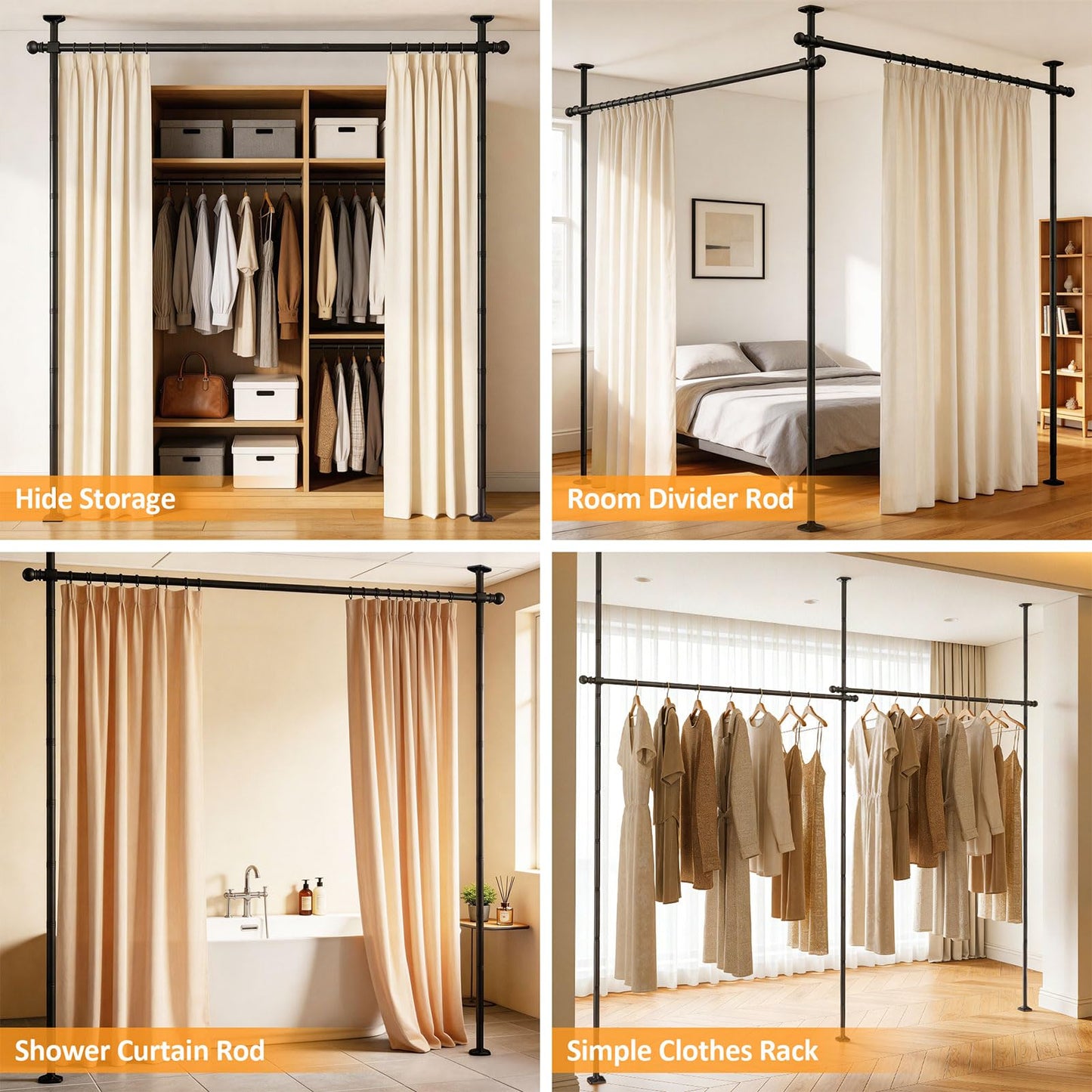 Room Divider Curtain Rod - Heavy Duty Adjustable Curtain Rod for Room Separation, Privacy Room Divider for Bedroom, 10-11ft(H) 58-116inch(W),Easy Install Wall Divider Curtain Rod,Black