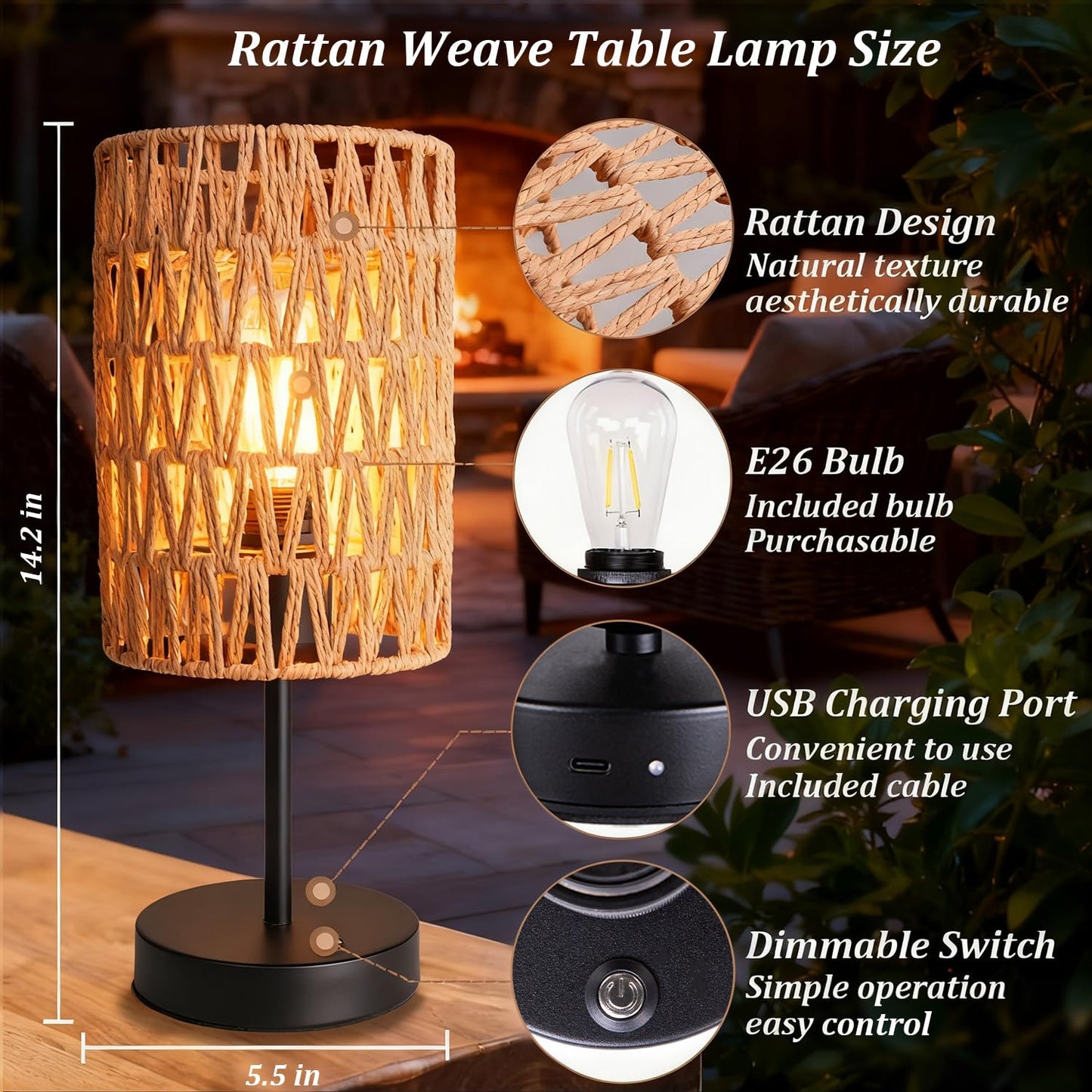 ALL FORTUNE Rechargeable Outdoor Table Lamps, Rattan Boho Cordless Battery Operated Table Lamps, Patio Lamp for Living Room, Balcony, Bedside Decor- Set of 2 (Beige)