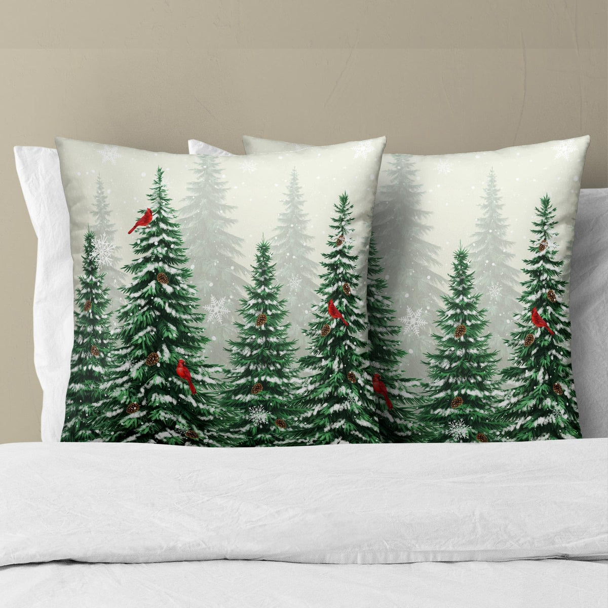 Winter Cardinal Bird Pillow Covers 16x16 Inch,Christmas Pine Tree Throw Pillow Covers Snow Forest Green Trees Cushion Cover Set of 2 Soft Cotton Pillow Cases Square for Home Sofa Living Room Decor