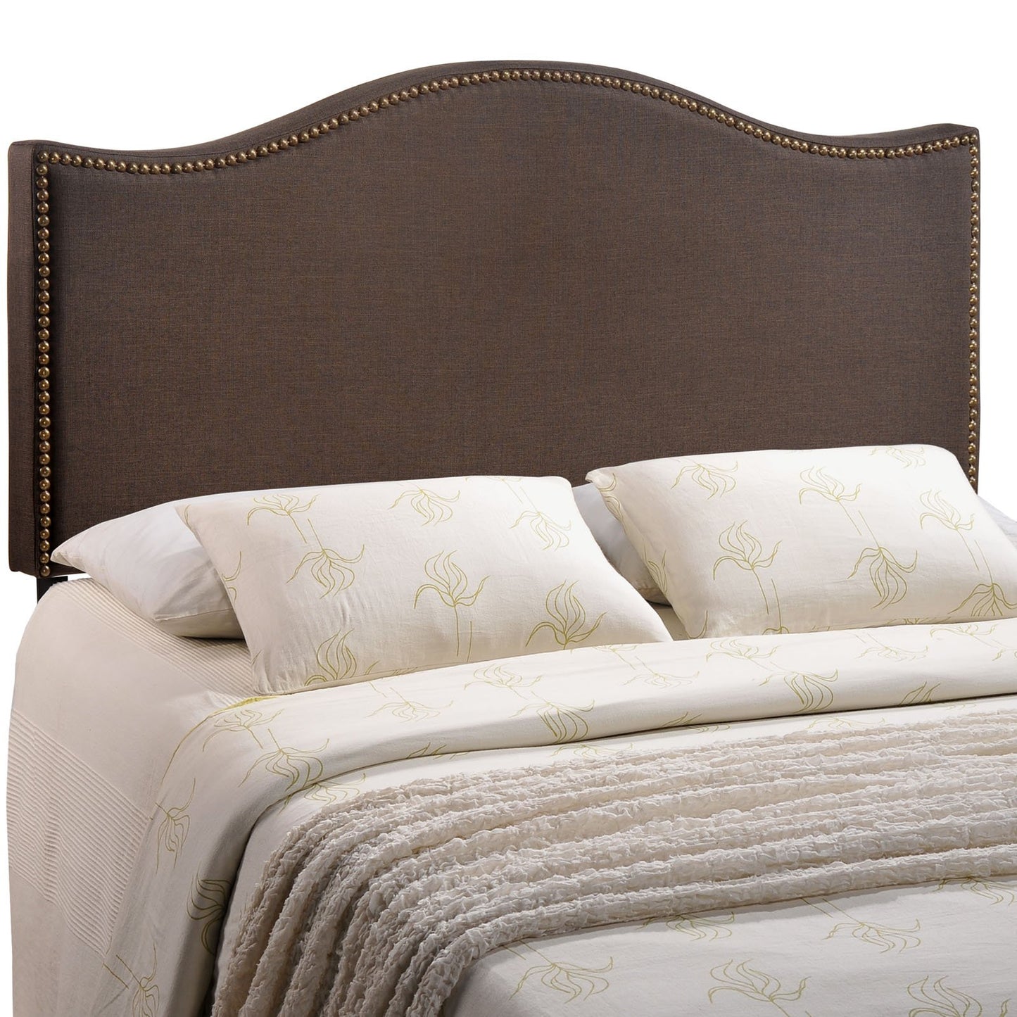 Modway Curl Upholstered Linen Fabric Queen Headboard Size With Nailhead Trim and Curved Shape in Dark Brown Fabric