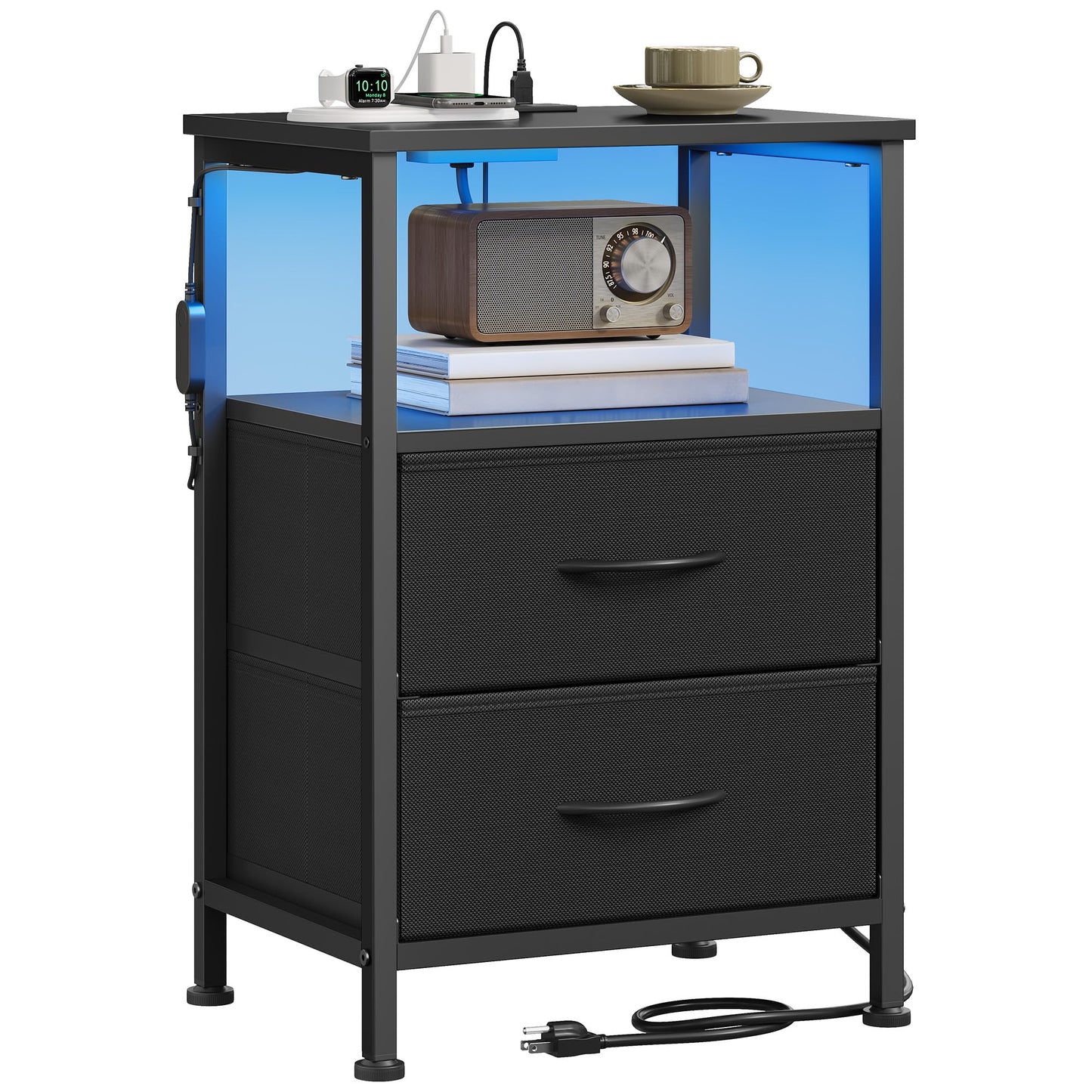 SONGMICS BELLAH Collection - Nightstand with Charging Station and App-Controlled Adjustable LED Lights, Bed Side Table, 2 Drawer and 1 Open Shelf, Bedroom, Ink Black and Ebony Black ULGS302BH01S