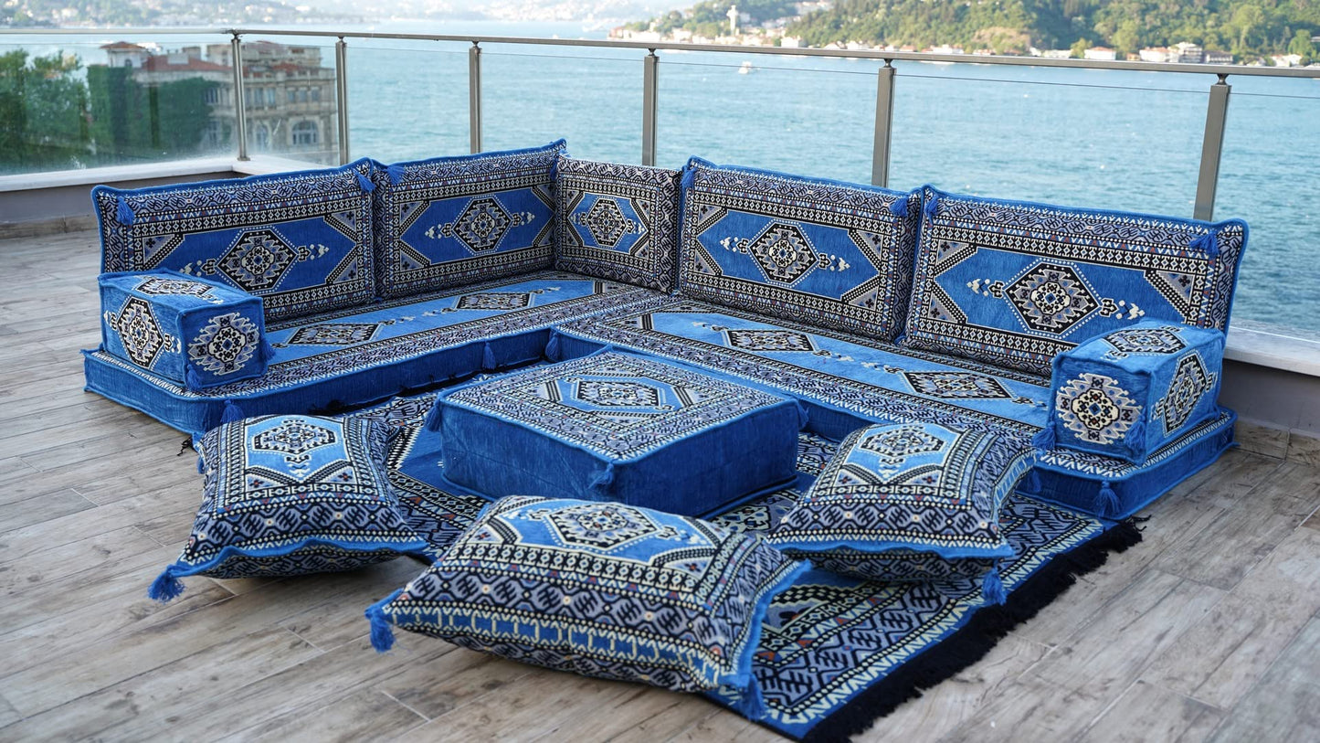 L Shaped Arabic Floor Cushions, Sectional Sofas, Arabic Majlis Set, Custom Made Sofa, Arabic Sofa Set, Seating Cushions (4'' Thickness Sofa, L Sofa Full Set, Blue)