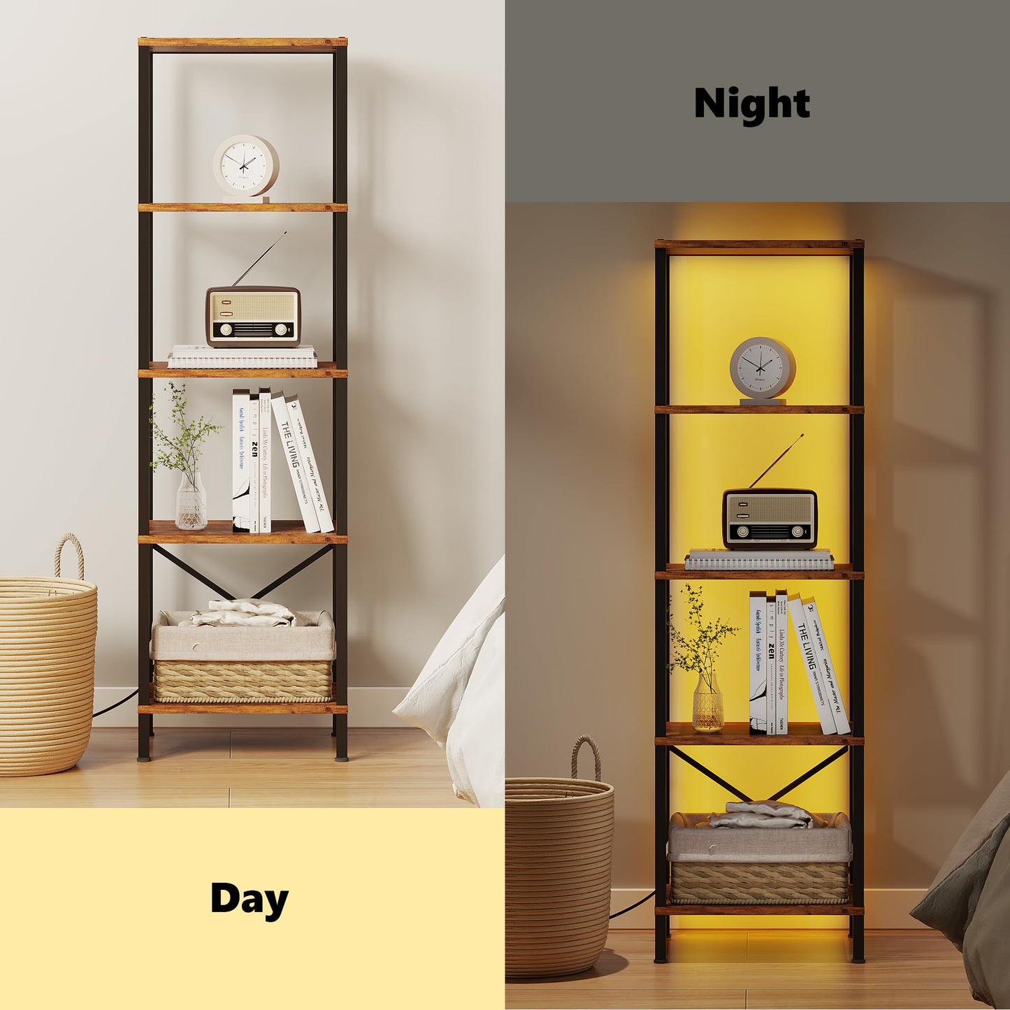 JARHETUN 5-Tier Bookshelf, Tall Narrow Bookcase with LED Lights, Book Shelf with Steel Frame, Office Furniture, Display Storage Shelf for Living Room, Bedroom, Study, Balcony, Rustic Brown