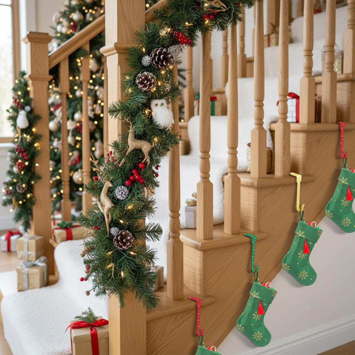 Therwen 6 Pcs Glitter Christmas Stocking Holders Shiny Fireplace Stocking Holders Set with No-Slips Strips Safety Mantel Hanger Hooks Xmas Mantle Grips for Tabletop Shelf Party Decor (Gold,Red,Green)