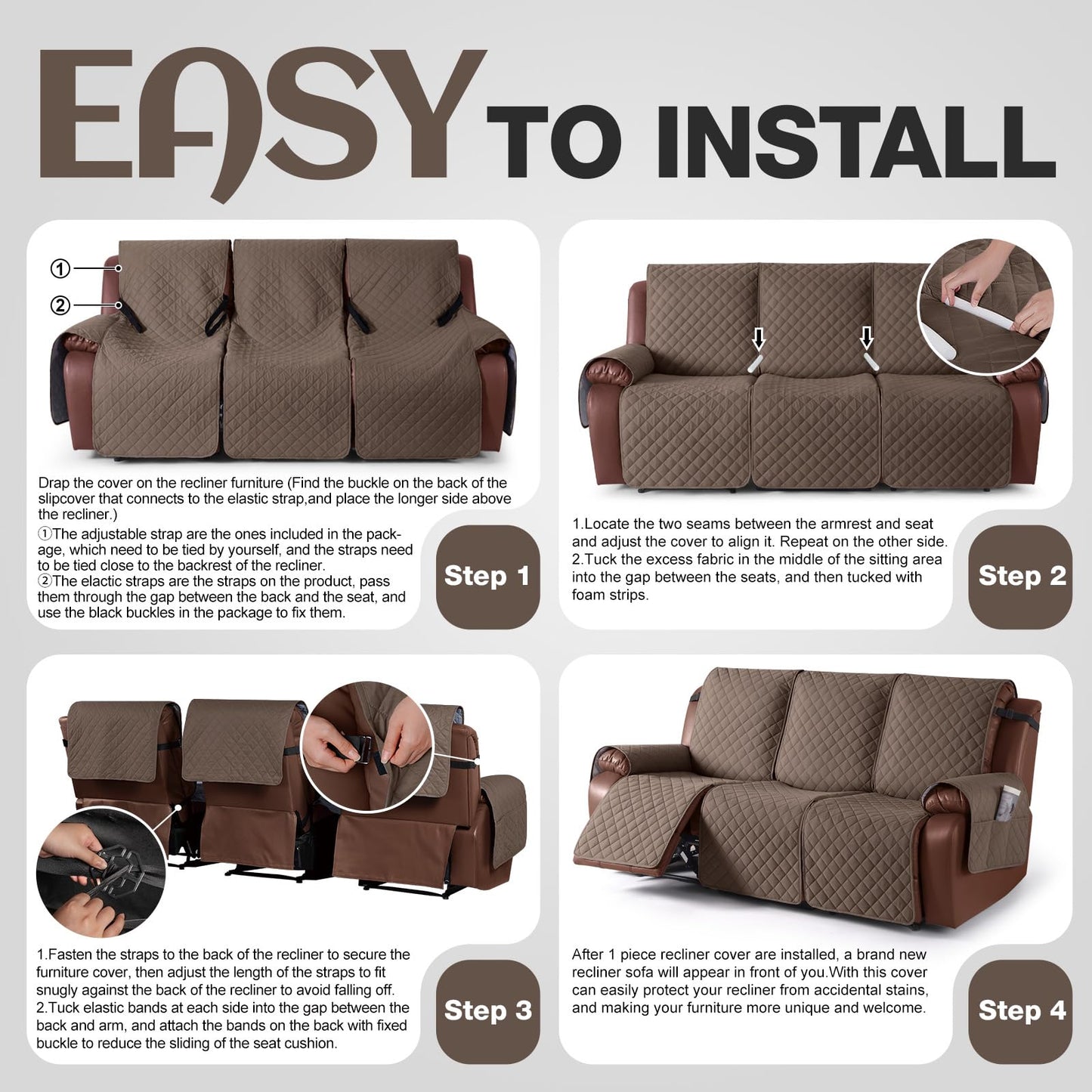KinCam 100% Waterproof Recliner Couch Covers, Non-Slip Reclining Sofa Covers for 3 Seater, Recliner Couch Cover Furniture Protector with Elastic Straps for Pets, Kids, Brown