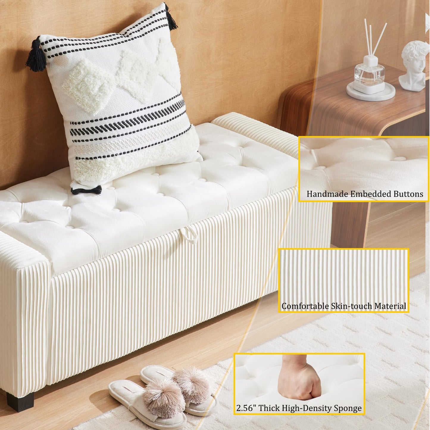 2BYF Storage Ottoman Bench, Bench for Bedroom End of Bed, Ottoman with Storage for Living Room and Entryway (Velvet White)