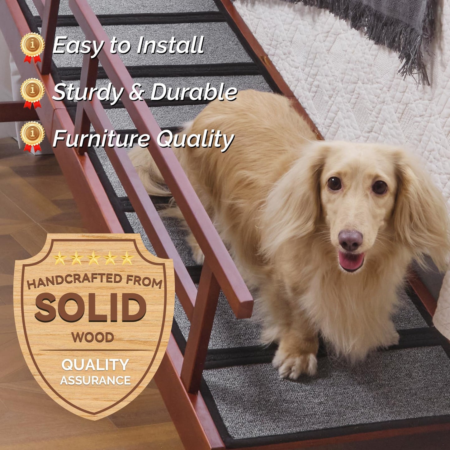 KUVETO Dog Ramp for Bed or Couch, Wooden Pet Ramp with 20° Gentle Slope, Removable Side Rails, Non-Slip Surface, Top Platform & Wheels, Safe Bed Ramp for Small, Large & Senior Dogs, 74" Long, Mahogany
