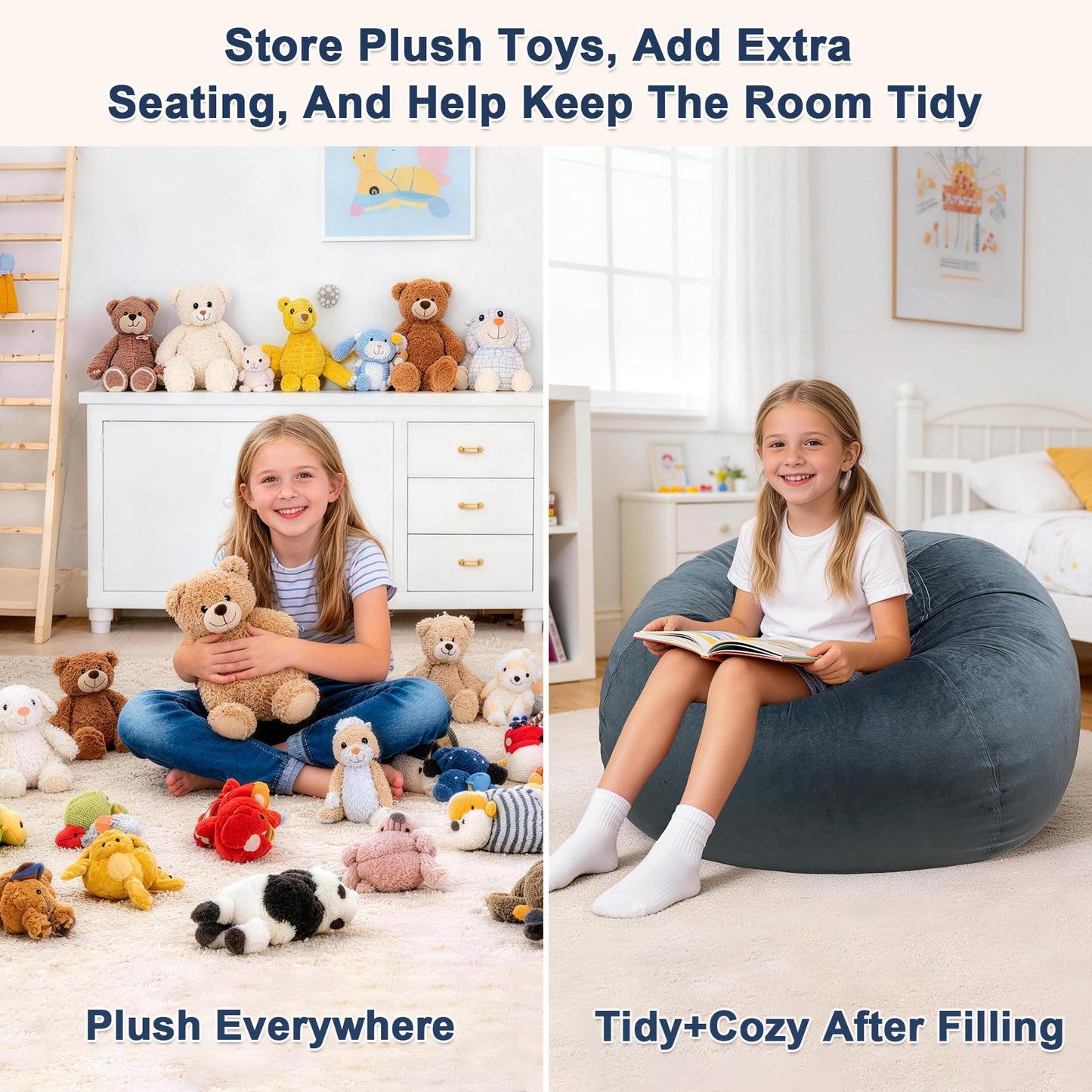 Lukeight Stuffed Animals Storage Bean Bag Chair Cover for Kids and Toddlers, Cozy Velvet Plush Toy Organizer Seat, Cover Only, No Filling Included, Long YKK Zipper, Side Pocket, Large 27 x 16 in
