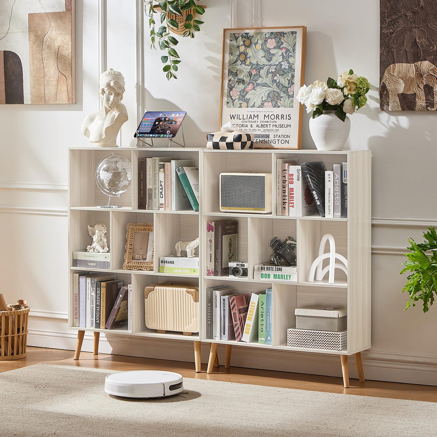 LEYAOYAO Cube Bookshelf 3 Tier Mid-Century Light Grey White Modern Bookcase with Legs,Retro Wood Bookshelves Storage Organizer Shelf,Freestanding Open Book Shelves for Bedroom,Living Room,Office