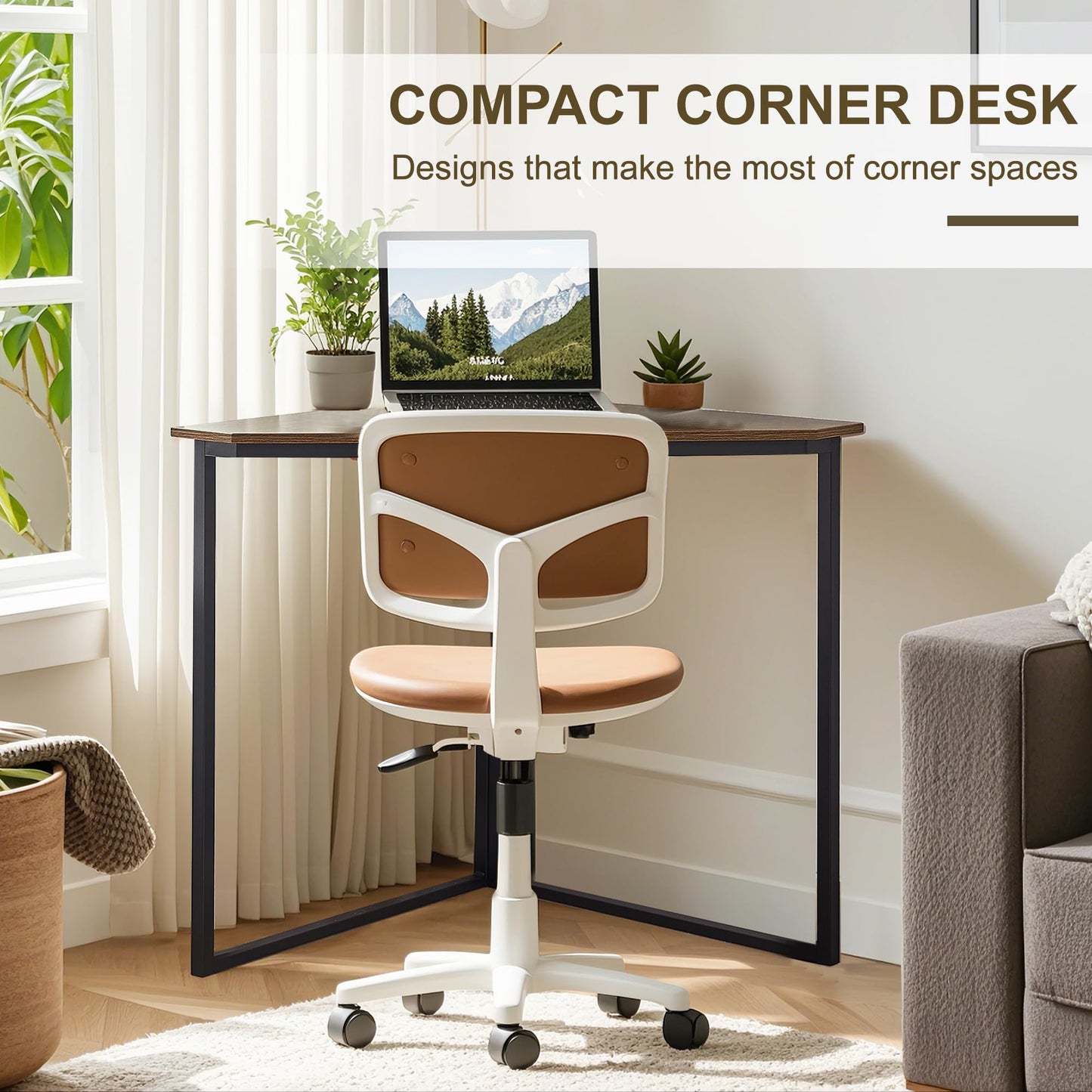 VECELO Corner Desk,Office Tables for Living Room for Small Space Triangle Computer Desk with Steel Frame Corner Shelves with Metal Frame Writing Desk for Workstation Classic Rustic Brown 33.1"