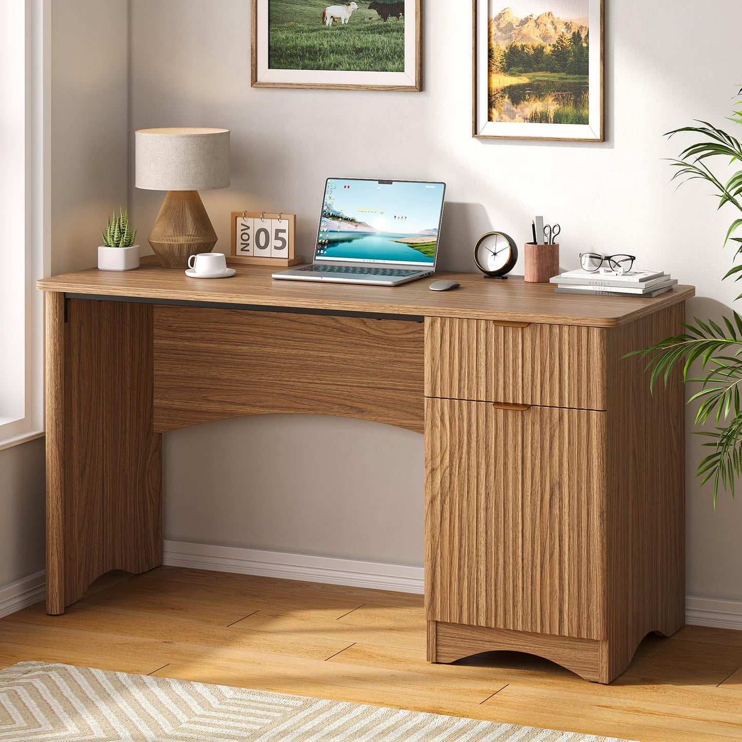 Bestier Computer Desk with Drawer, 47 inch Office Desk with Storage Cabinet, Modern Wood Desk Adjustable Shelves for Home Office & Studio, Brown Oak