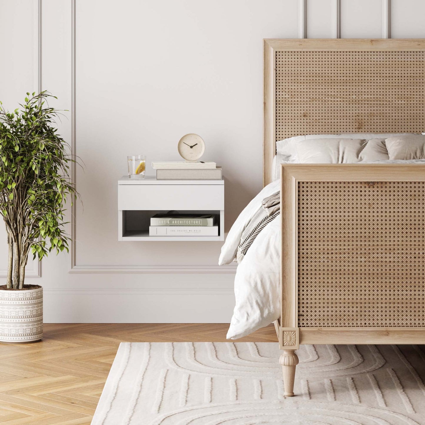 Nathan James Jackson Wall Mounted Floating Bedroom Nightstand with Storage Drawer and Modern Open Shelf Cubby, White