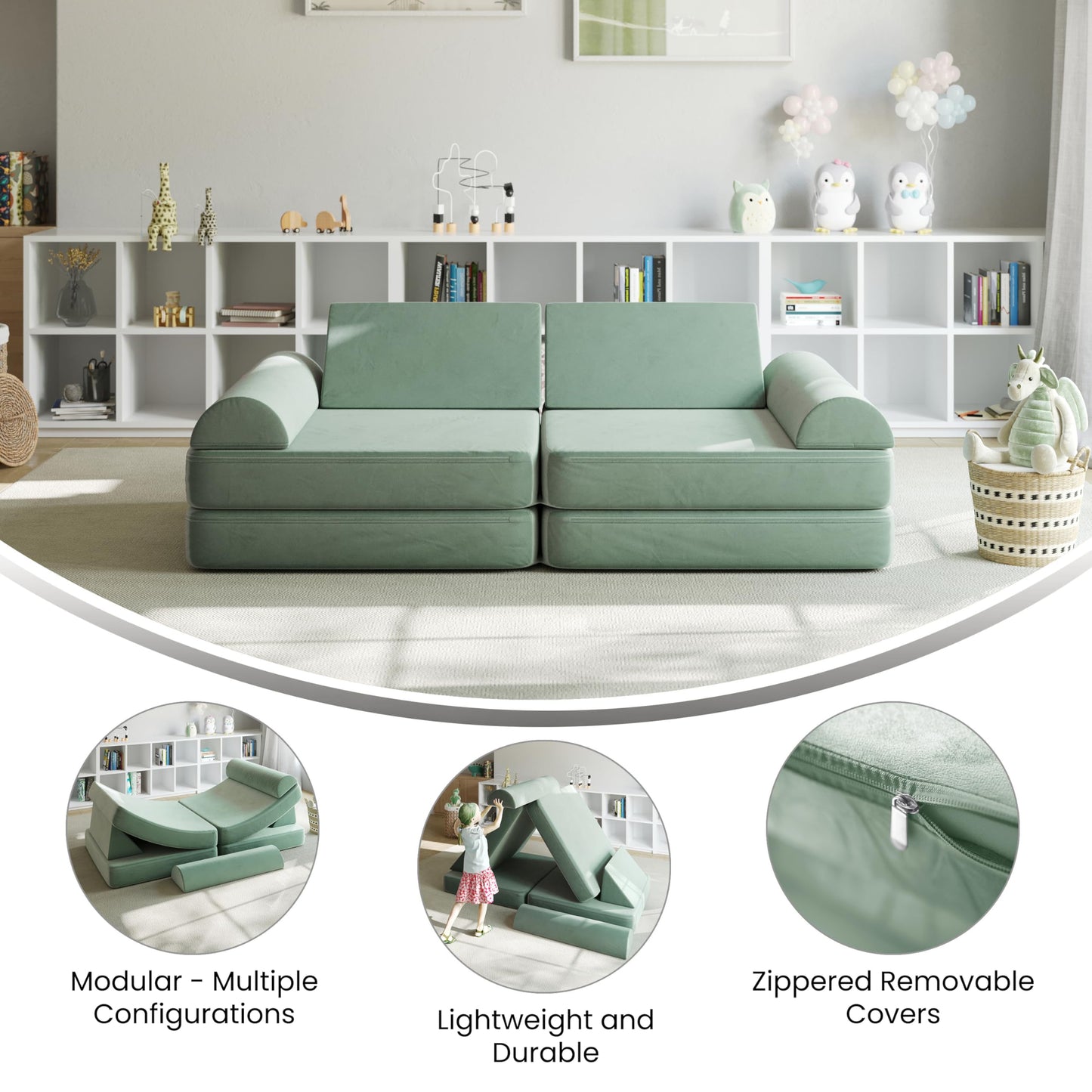 Flash Furniture Marlowe Modular Foam Kids Play Couch, 6 Soft Sectional Sofa Pieces, Convertible Kids Couch, Removable Covers, 56", Sage