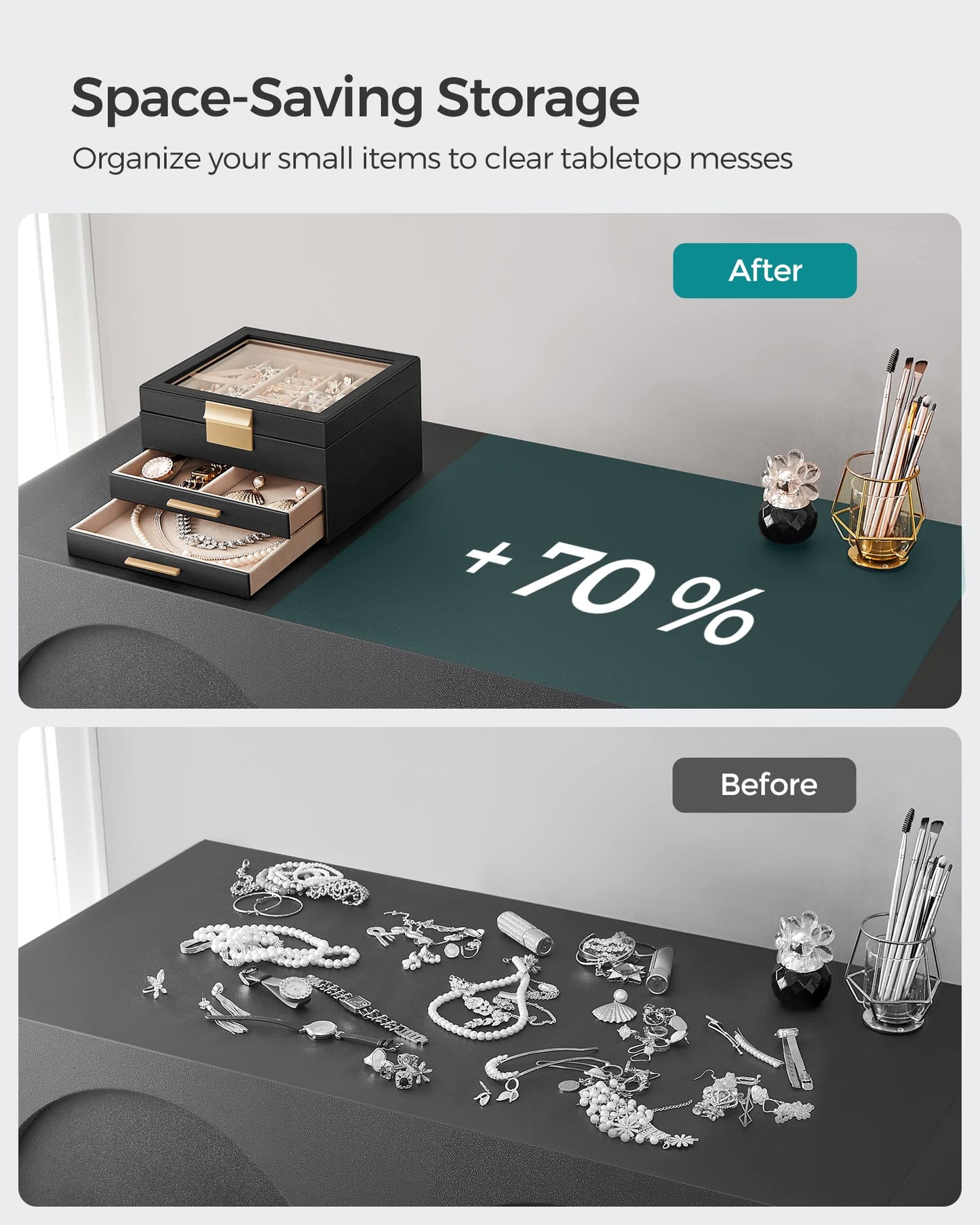 SONGMICS GISELLA Collection - Jewelry Box Organizer, 3-Layer Jewelry Storage with 2 Drawers, Shiny Metal Hardware, Glass Lid, Modern, 8 x 9.1 x 5.3 Inches, Graphite Black and Gold Color UJBC239B03