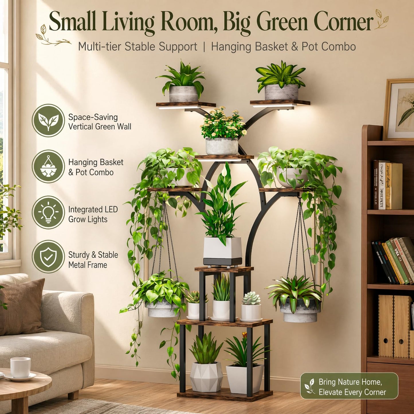 Elbourn 8 Tiered 60" Tall Plant Stand Indoor Shelf with Grow Lights (Brown)