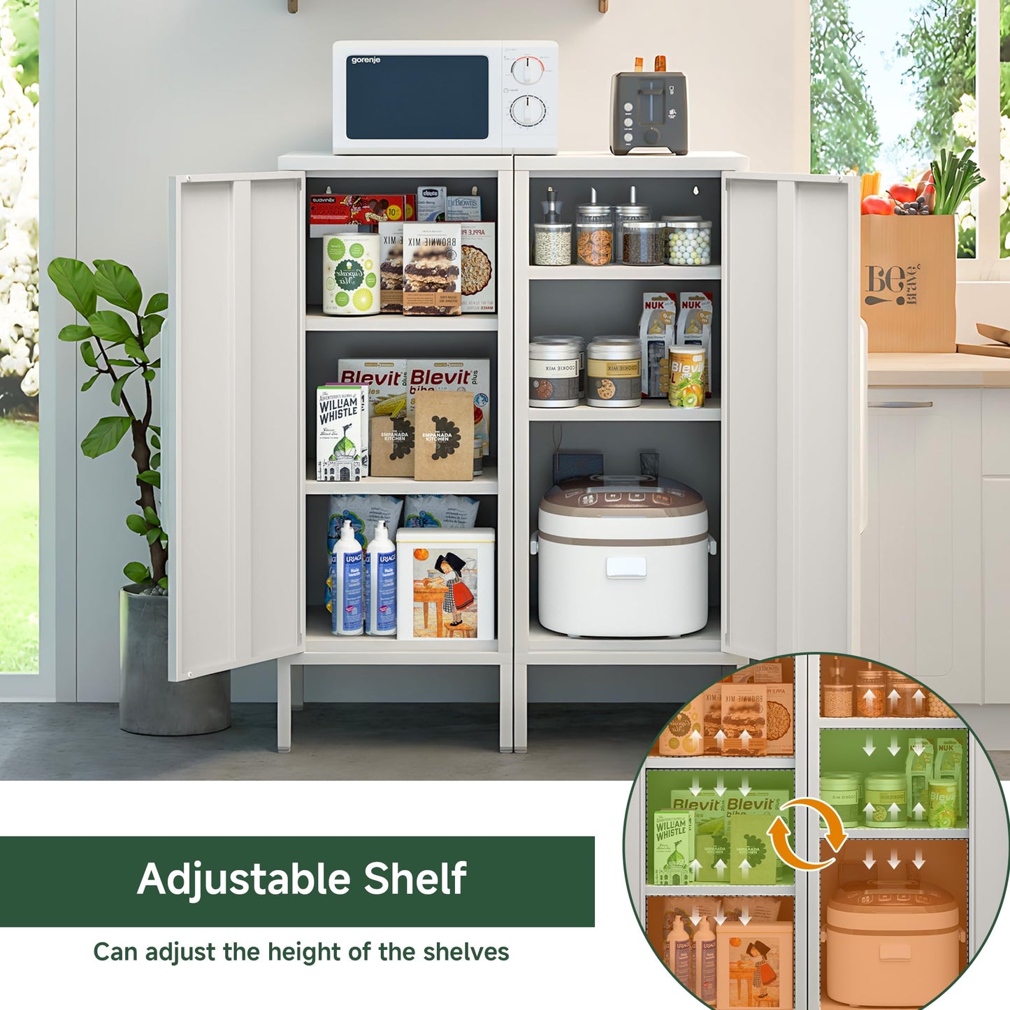 PEROKIER Metal Storage Cabinet with 2 Adjustable Shelves Small Storage Cabinets with Door for Office Kitchen Bathroom Living Room Pantry Garage (White)