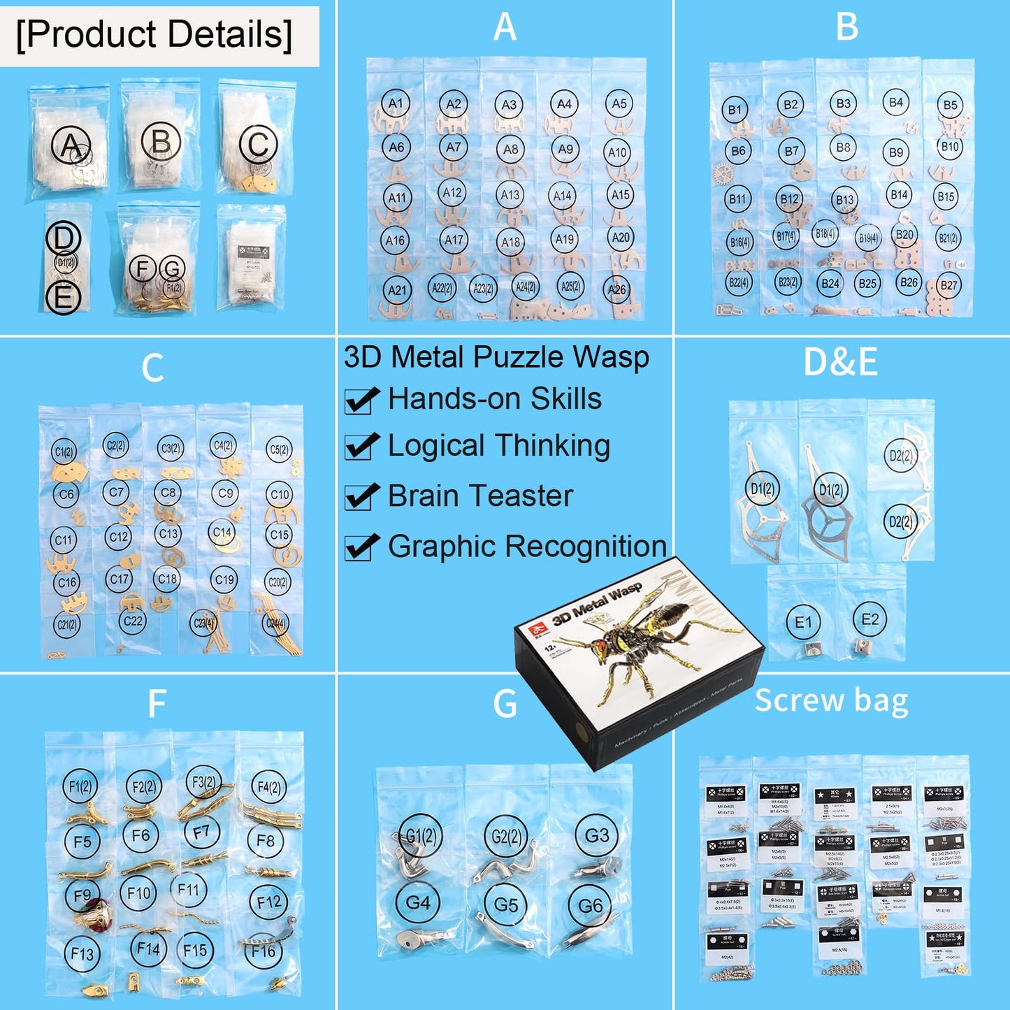 3D Metal Wasp Puzzles for Adults Model Kits Mechanical Puzzle Building Blocks, Difficult DIY for Assembly Gifts for Men (Steel)