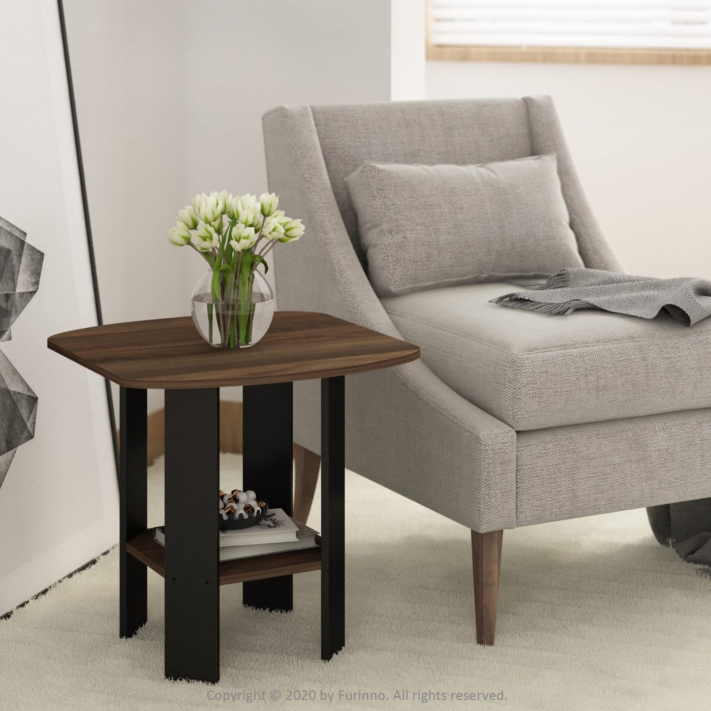 Furinno SIMPLE DESIGN Side Table, 2-Tier Modern End Table with Soft Edges, Open Shelves Night Stand, Bedside Table, for Living Room, Bedroom, Columbia Walnut