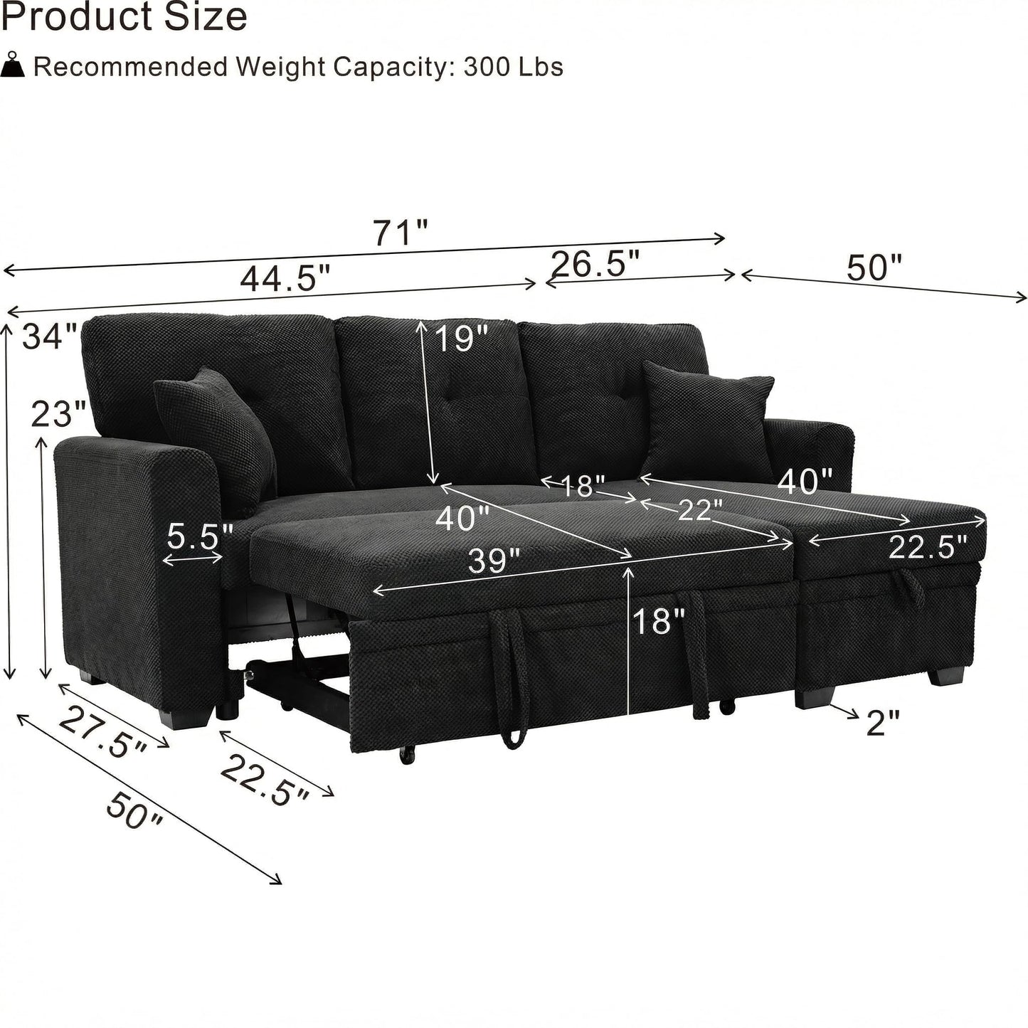 WuerQi 71" Sofa Bed with Queen Size Pull Out Couch, Sectional Sleeper Sofa with Reversible Storage Chaise, L Shaped Couch for Living Room, Apartment and Small Spaces (Black-L)
