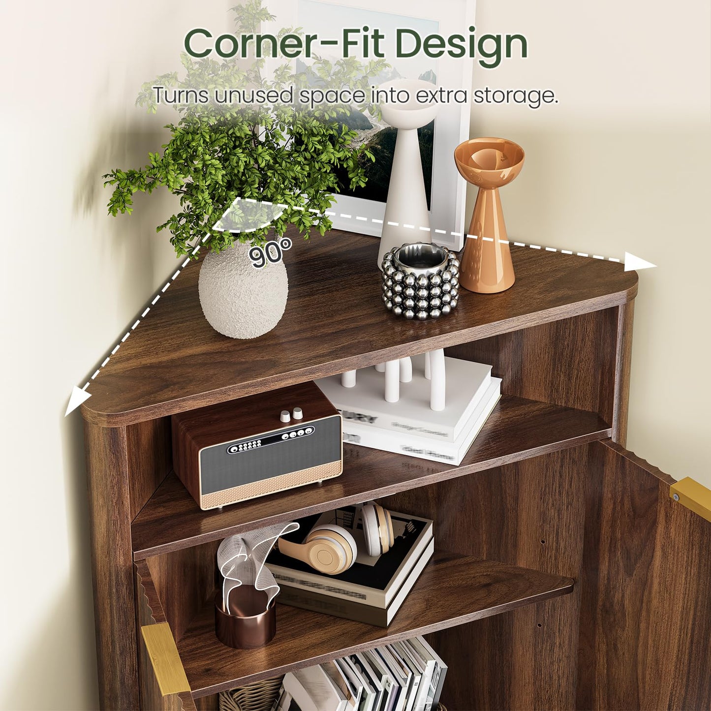 CHOEZON Corner Cabinet, Corner Storage with Fluted Panels and Adjustable Shelf, Modern Floor Cabinets for Small Spaces, Bathroom, Living Room, Kitchen, Walnut MCW23HT
