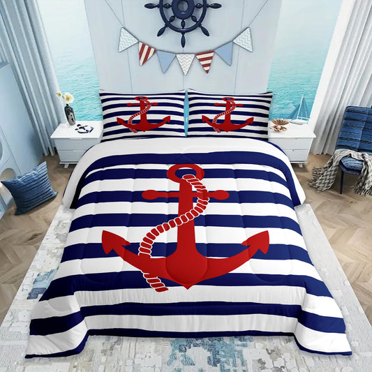 Geometric Stripes Comforter Set Twin Size,Nautical Anchor Bedding Sets 2Pcs Kids Boys Bedroom Decor 1 Pillowcase Ocean Adventure Theme Quilted Duvet Modern Navy Blue Red Bedspread Comforter