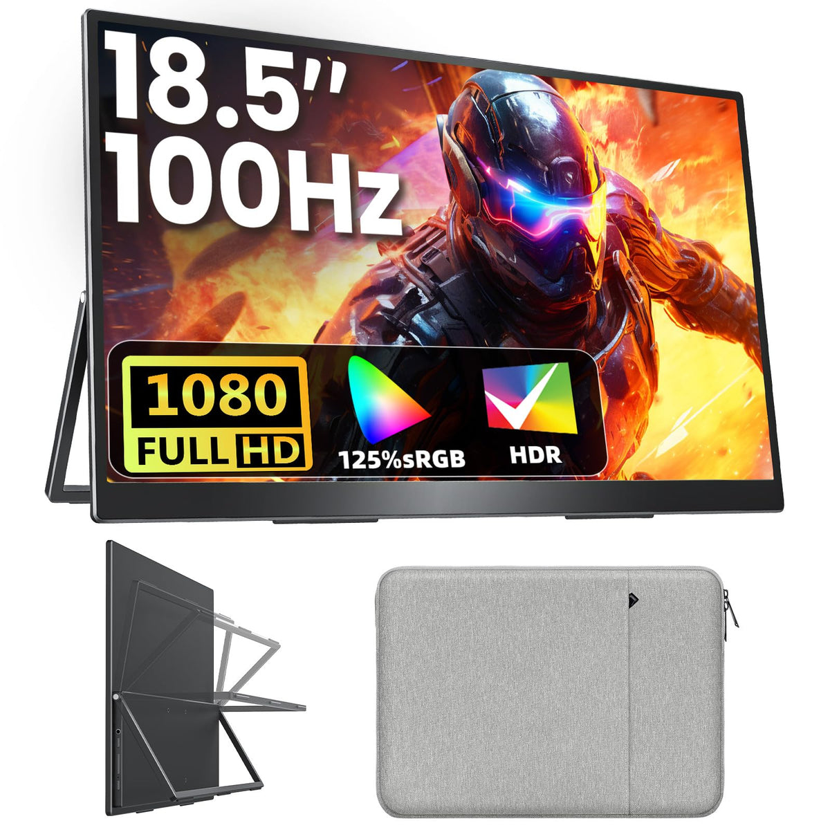 Upperizon Portable Monitor 18.5 inch FHD 125% sRGB 100Hz IPS HDR HDMI USB-C Travel Monitor for Laptop MacBook PC Surface PS5 Xbox, Large External Display with Kickstand & Speakers, VESA Compatible