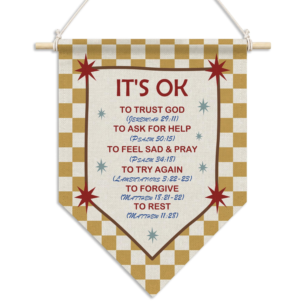 RUKUPA Christian Inspirational Wall Art Decor, Bible Verse Hanging Pennant Flag, Yellow Checkered Motivational Religious Wall Art Poster Hanger for Home Bedroom Kids Nursery Room Decor, 11x15 Inch