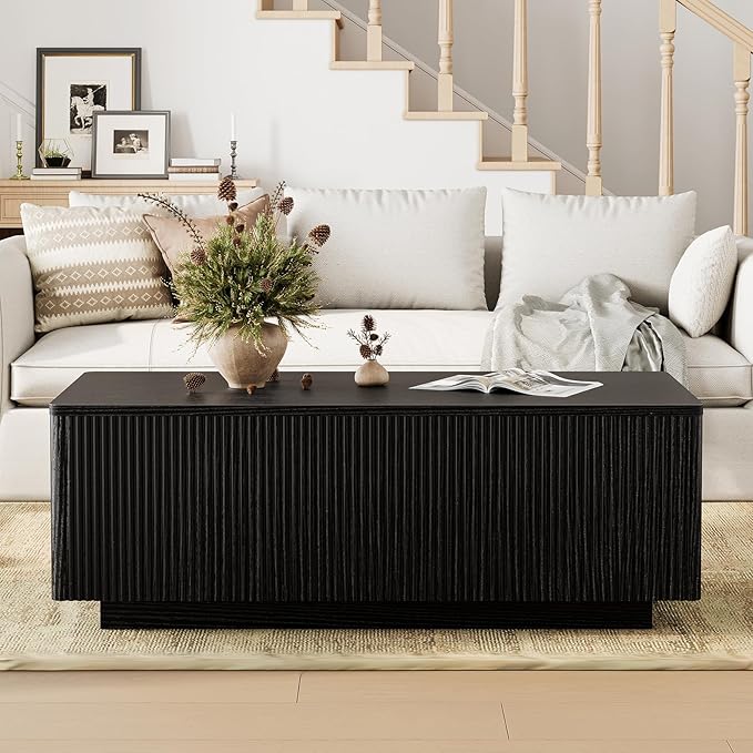 FABATO Mid Century Modern Coffee Table, Wooden Fluted Center Table