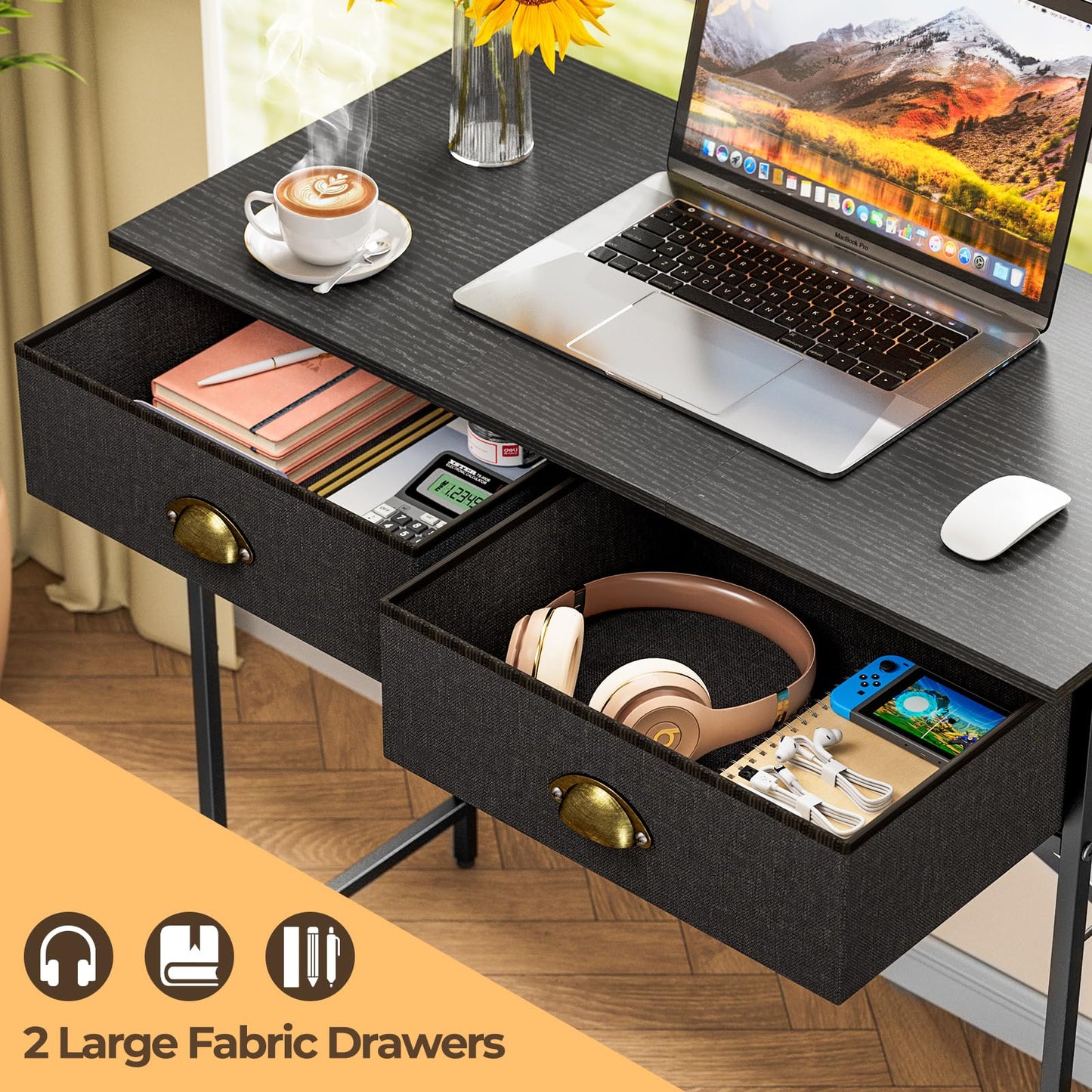 DAOUTIME Black Writing Desk for Kids Bedroom, 31.5 Inch Small Computer Desk for Small Spaces, Simple Desk with 2 Fabric Drawers for Home Office, Dorm, Living Room, Home Study Table, Black