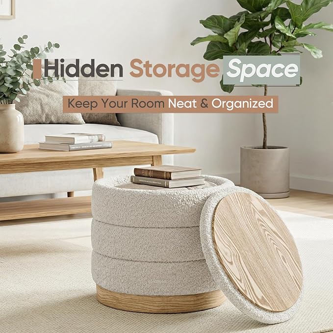 Round Storage Ottoman with Reversible Tray Lid, Folding Chenille Fabric
