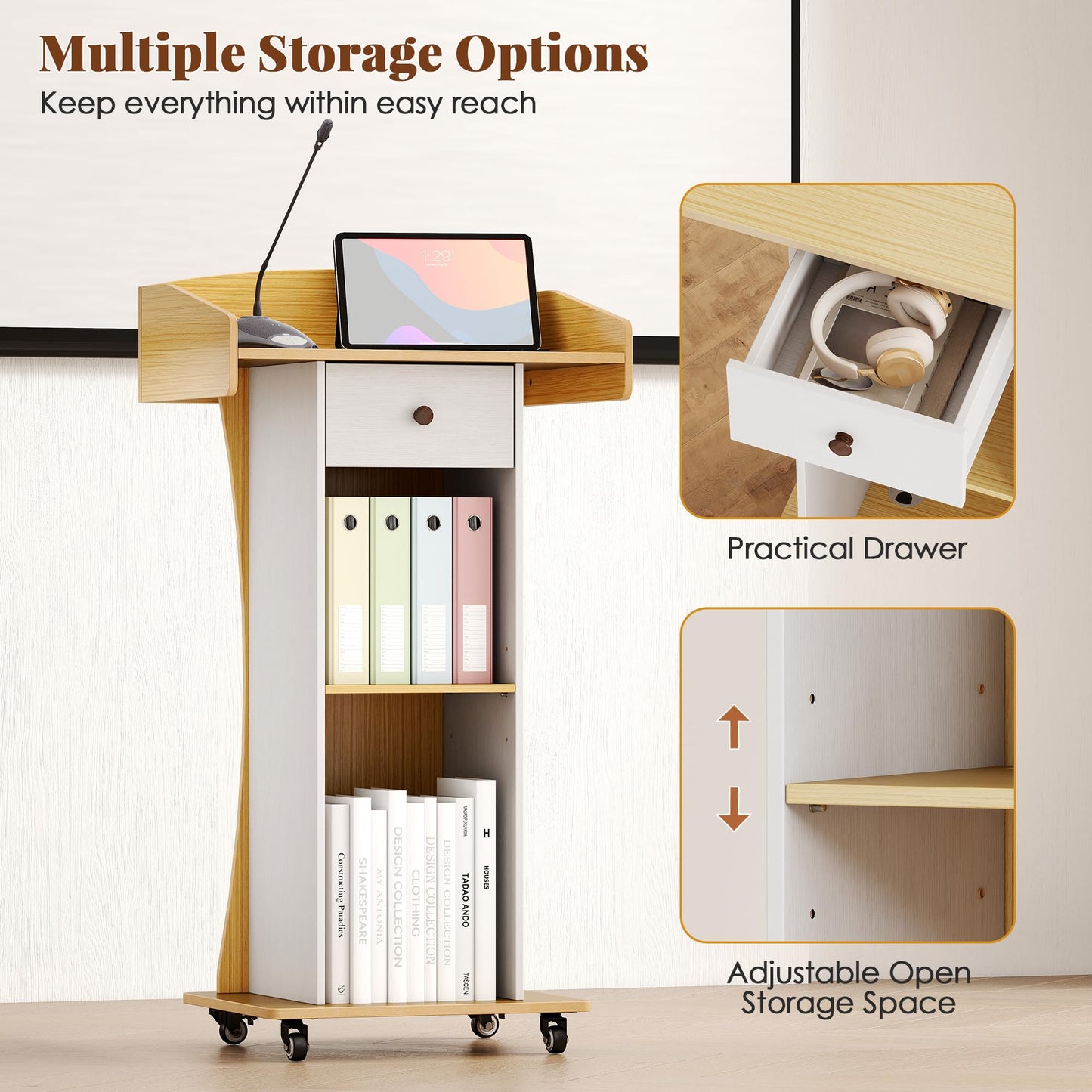 Qriocioa Podium Stand with Metal Wheels Wooden Lectern Podium Stand Portable Pulpit Standing with Storage Mobile Reception Podiums Desk for Church Office School Conference Restaurant Meeting,Wood
