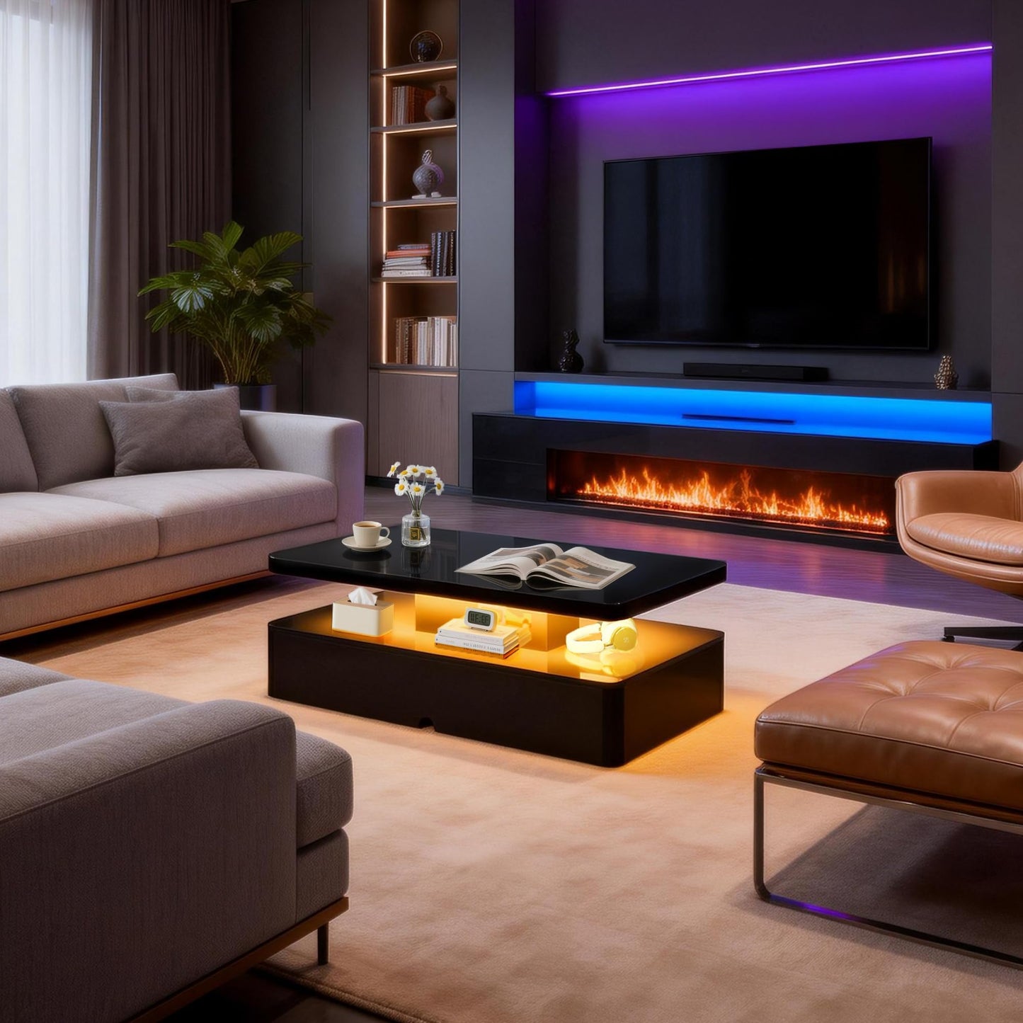 OneBlis 47" Modern Coffee Table with 16 Colors LED Lights, 2 Tier Rectangular Center Table with Large Storage Space, Stylish High Glossy Wooden Tea Tables for Living Room, Bedroom, Home Office, Black