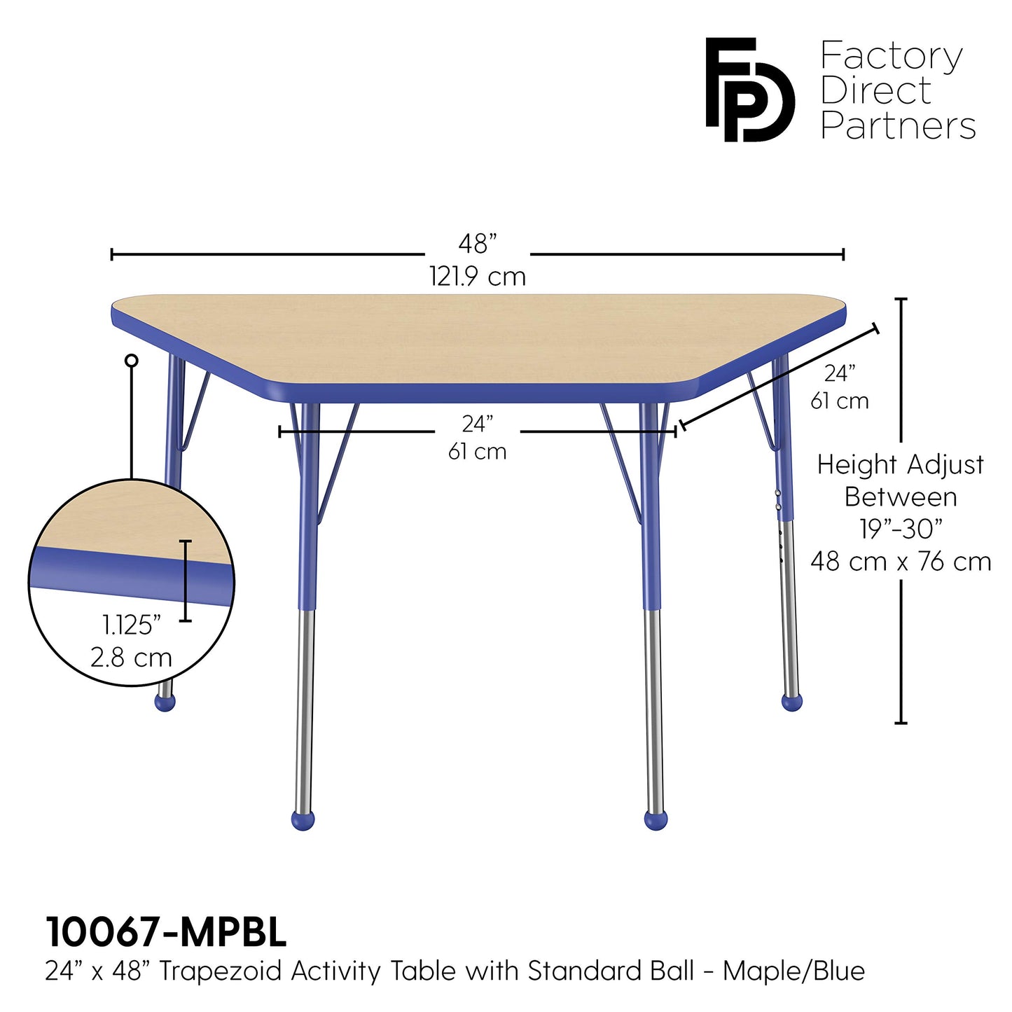 FDP Trapezoid Activity School and Office Table (24 x 48 inch), Standard Legs with Ball Glides for Collaborative Seating Environments, Adjustable Height 19-30 inches - Maple Top and Blue Edge