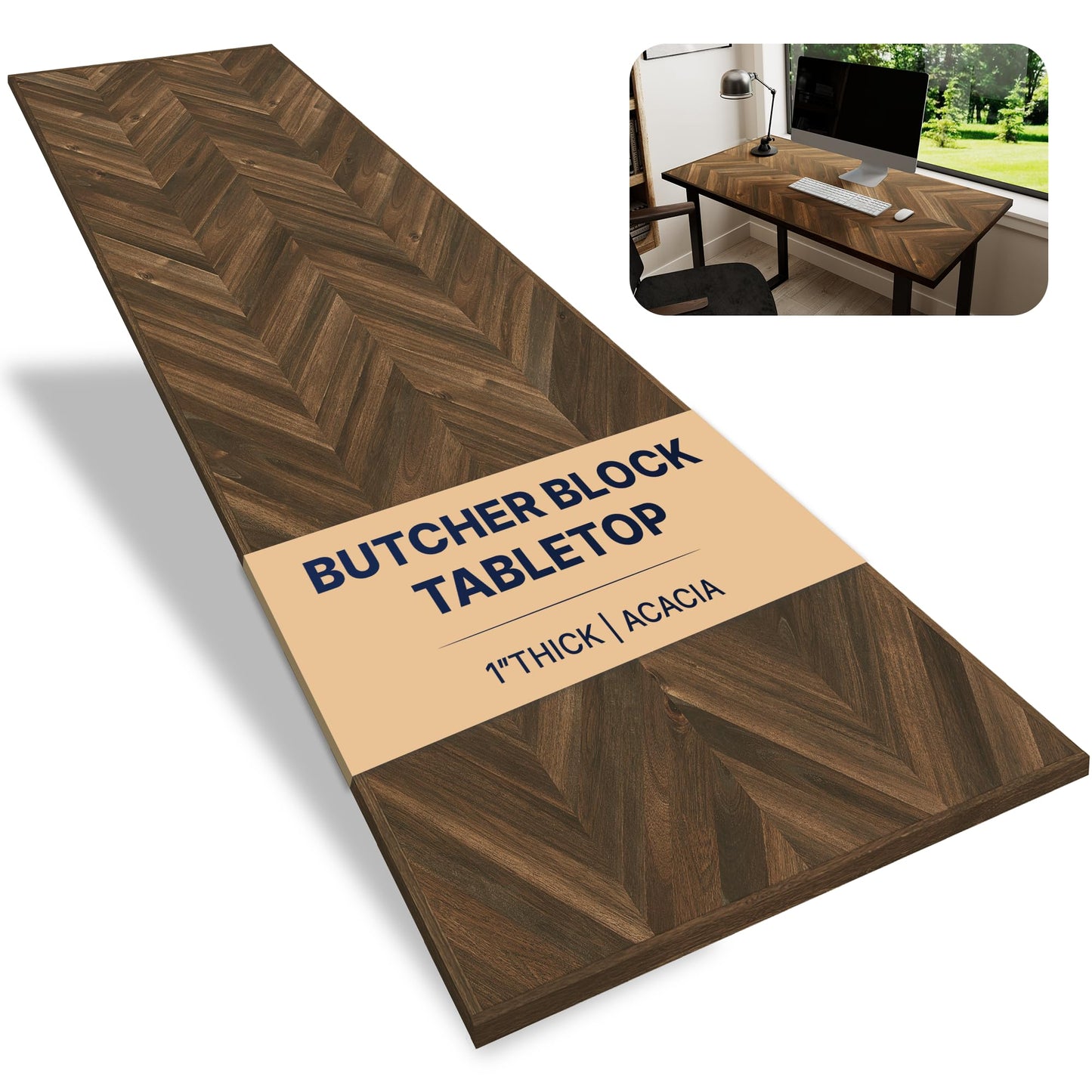 Howizz 60x30 in Solid Wood Table Top - 1in Thick Butcher Block Countertop for Standing Desk, Office Table, Workbench, DIY Furniture Projects, Dark Walnut Chevron