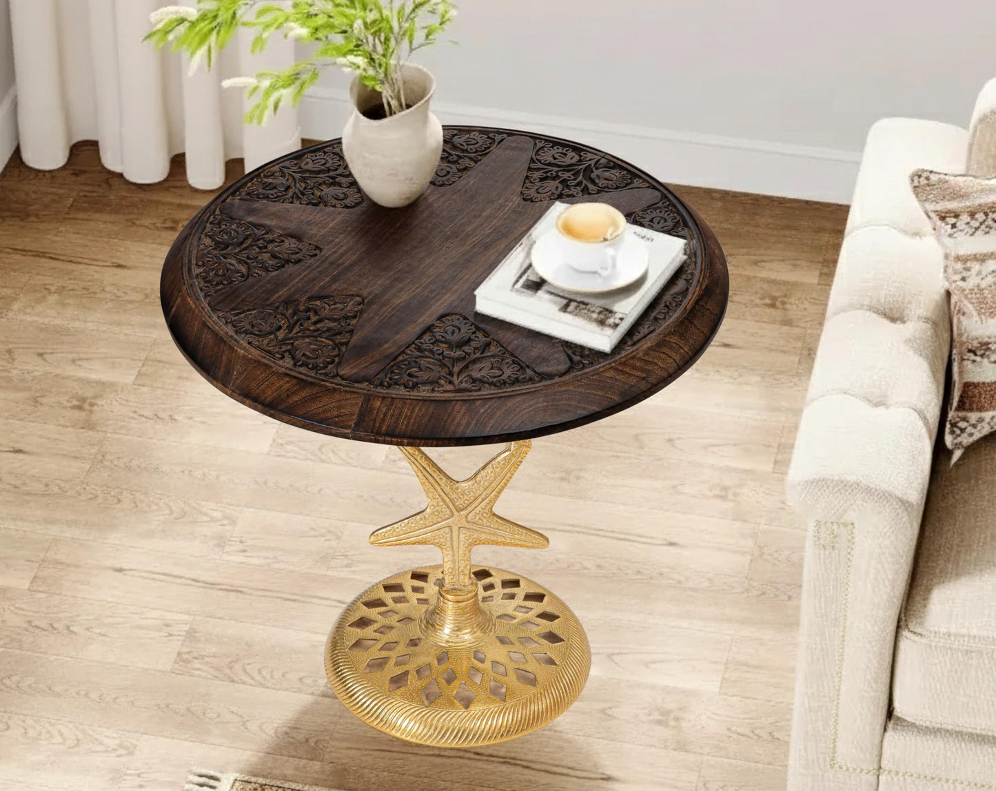 The Wooden Town Side Tables-Hand Carved Vintage Boho Folding End Tables for Living Room, Entryway,Living Room, Bedroom -No Tools Assembly, 18"x22" Burnt Brown with Gold Aluminium Alloy_ Star