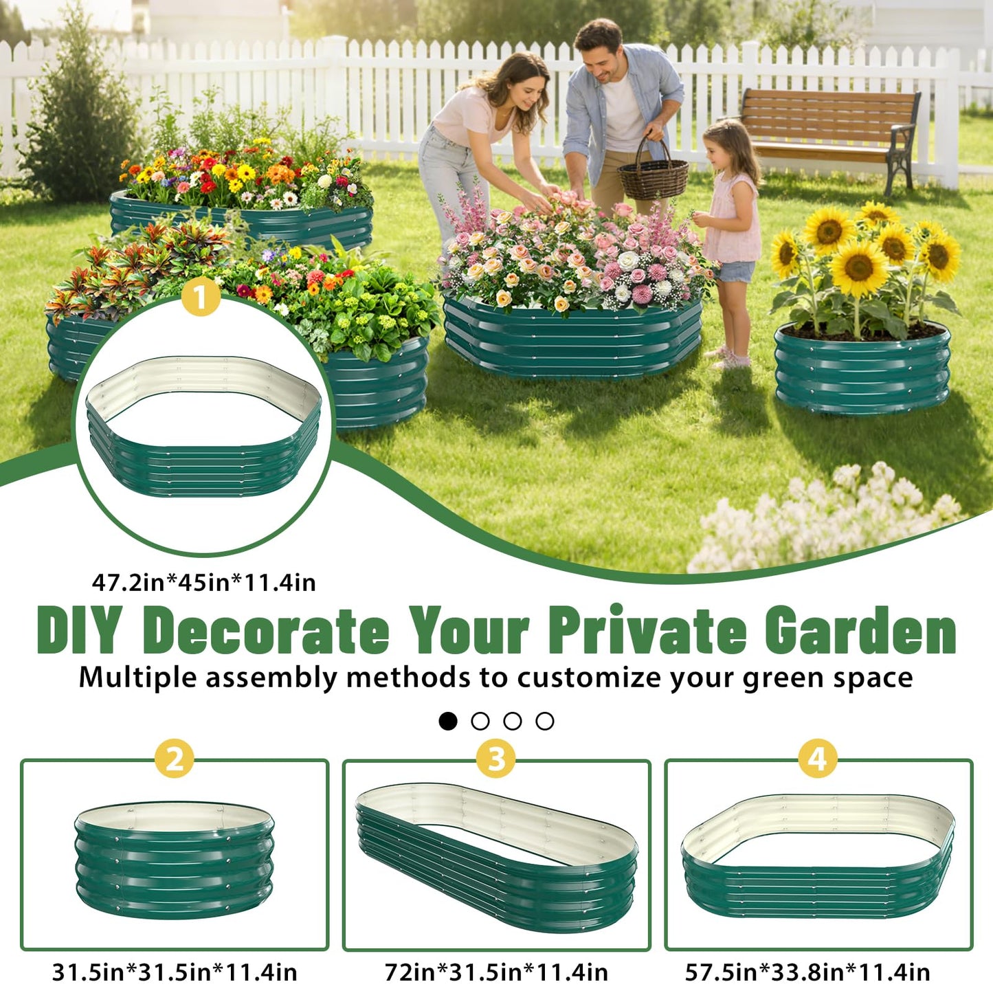 VAMFUTRE Hexagon Raised Garden Bed, 48 Inch Diagonal & 12 Inch Tall, Galvanized Steel Planter Box with Wave-Shaped Metal Panels for Outdoor Flower,Tree,Herb & Vegetable Garden (Dark Green, 4FT X 1FT)