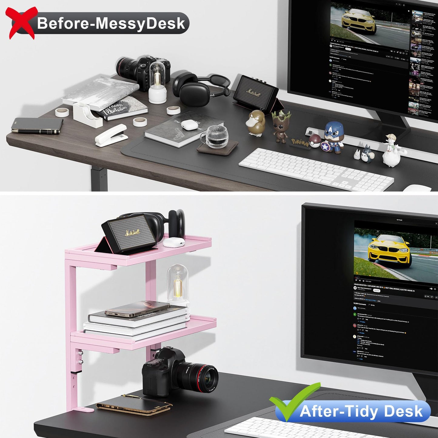 OUTIOE 2-Tier Desk Shelf, Expandable Under Desk Storage, Clamp on Desk Shelf, Desktop Accessories for Offices, Study Rooms, and Game Rooms (Pink)