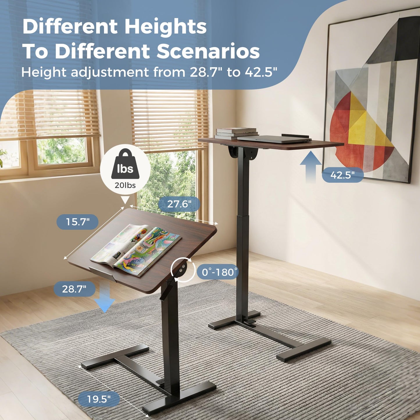 DUMOS Mobile Standing Desk, Height-Adjustable Computer Cart with Pneumatic Lift, Portable Computer Workstation Cart for Bed, Couch, Office, Sofa, Brown