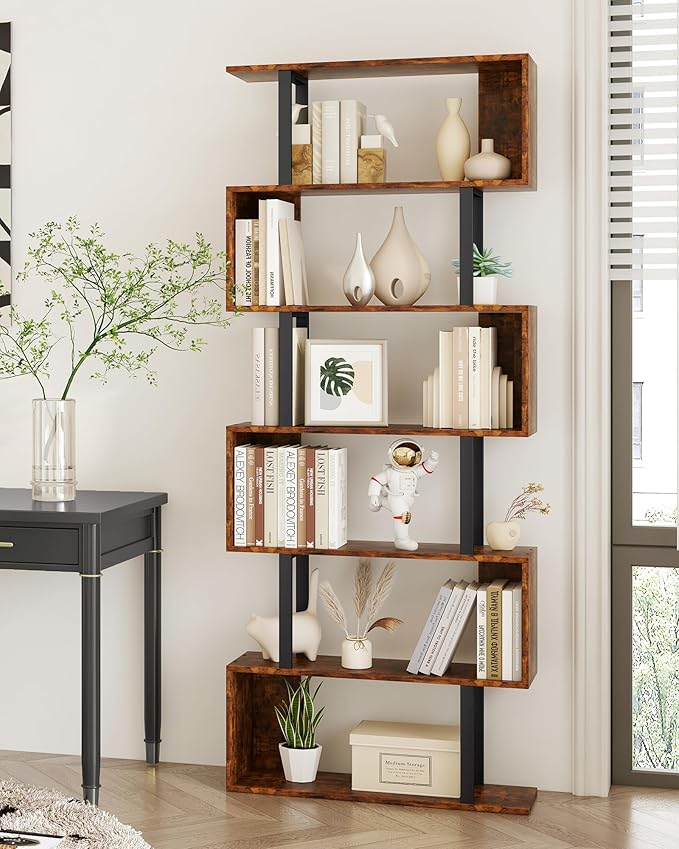 Yusong Geometric Bookcase, S Shaped Bookshelf 6-Tier Book Shelves